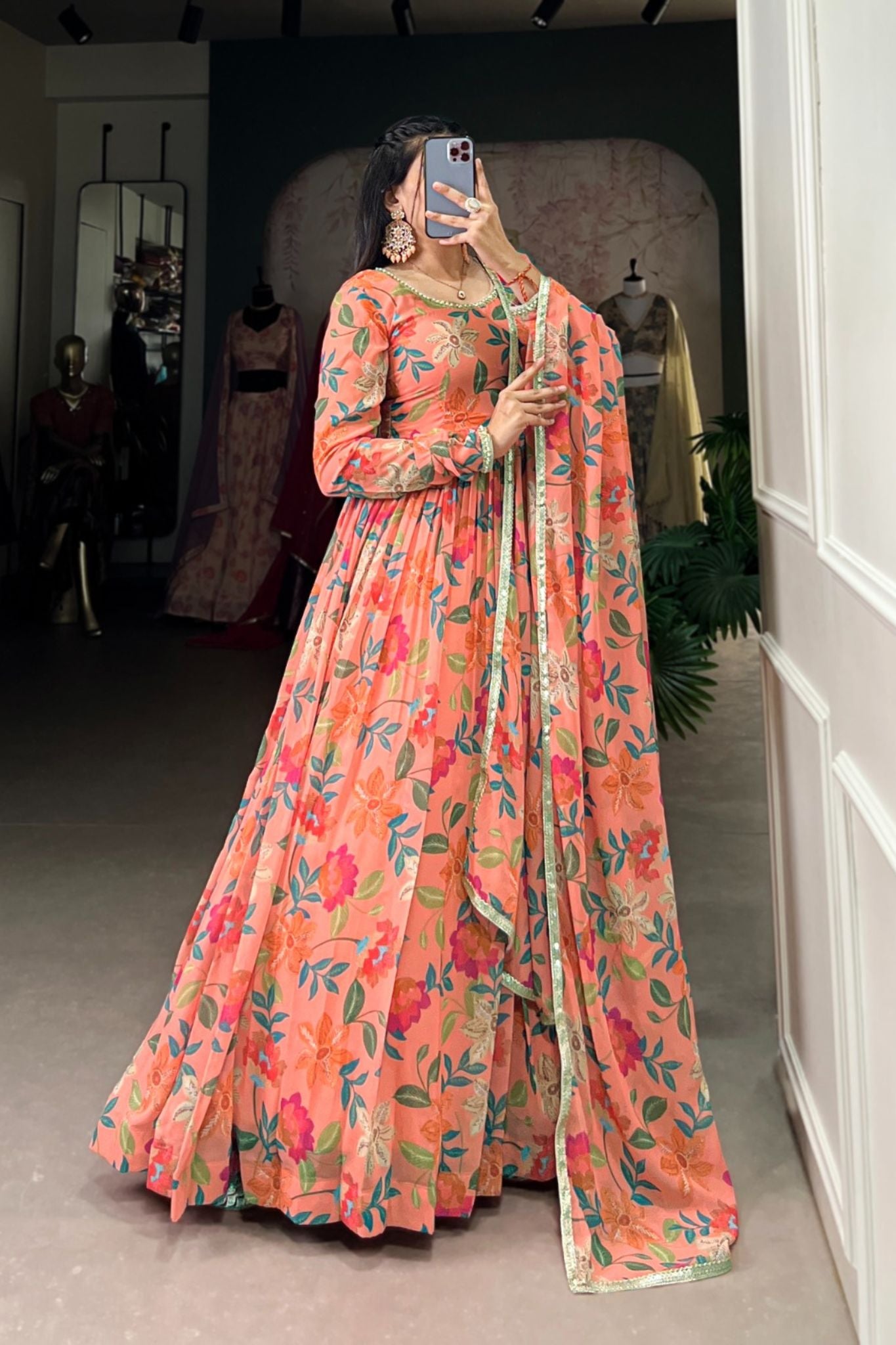 Georgette Floral Printed Peach Anarkali Set