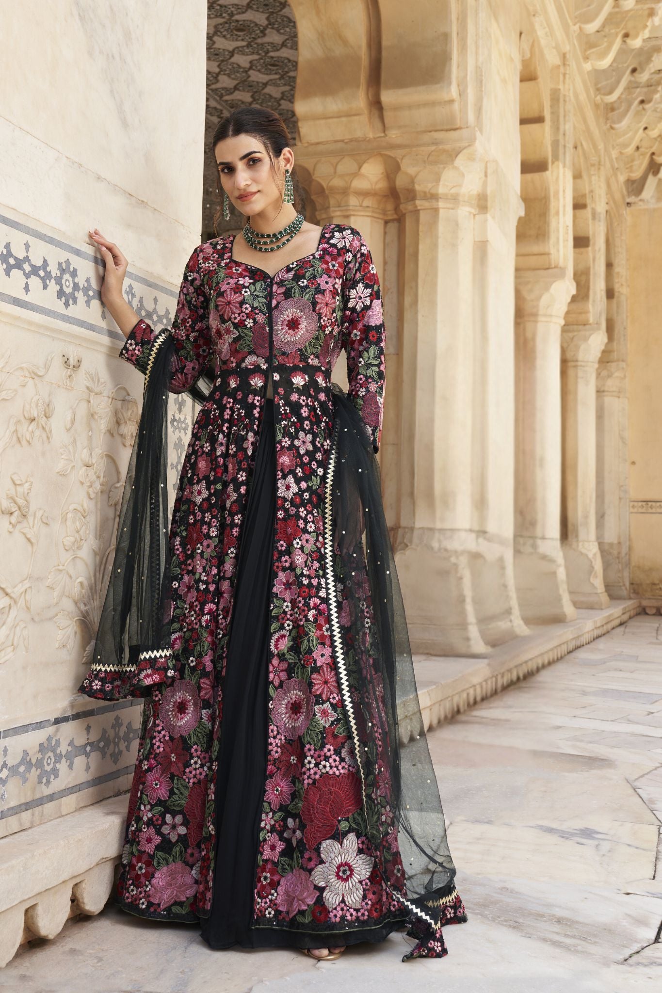 Black Indowestern Heavy  Resham Embroidered Anarkali And Lehenga Set