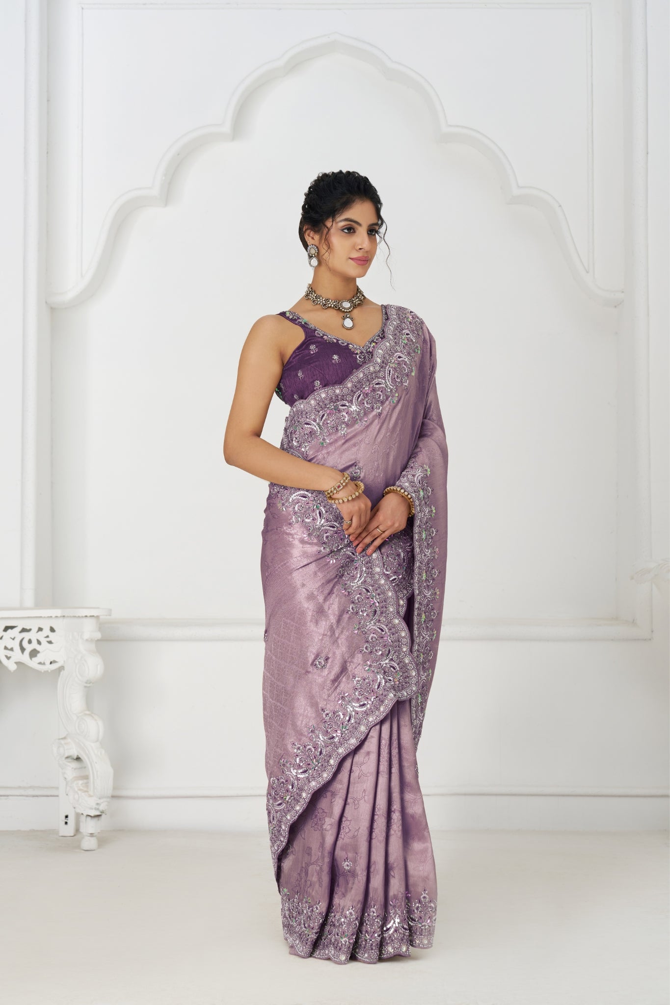 Mauve Dola Viscose Silk Saree For Wedding With Beads Embroidery & Sequins Work