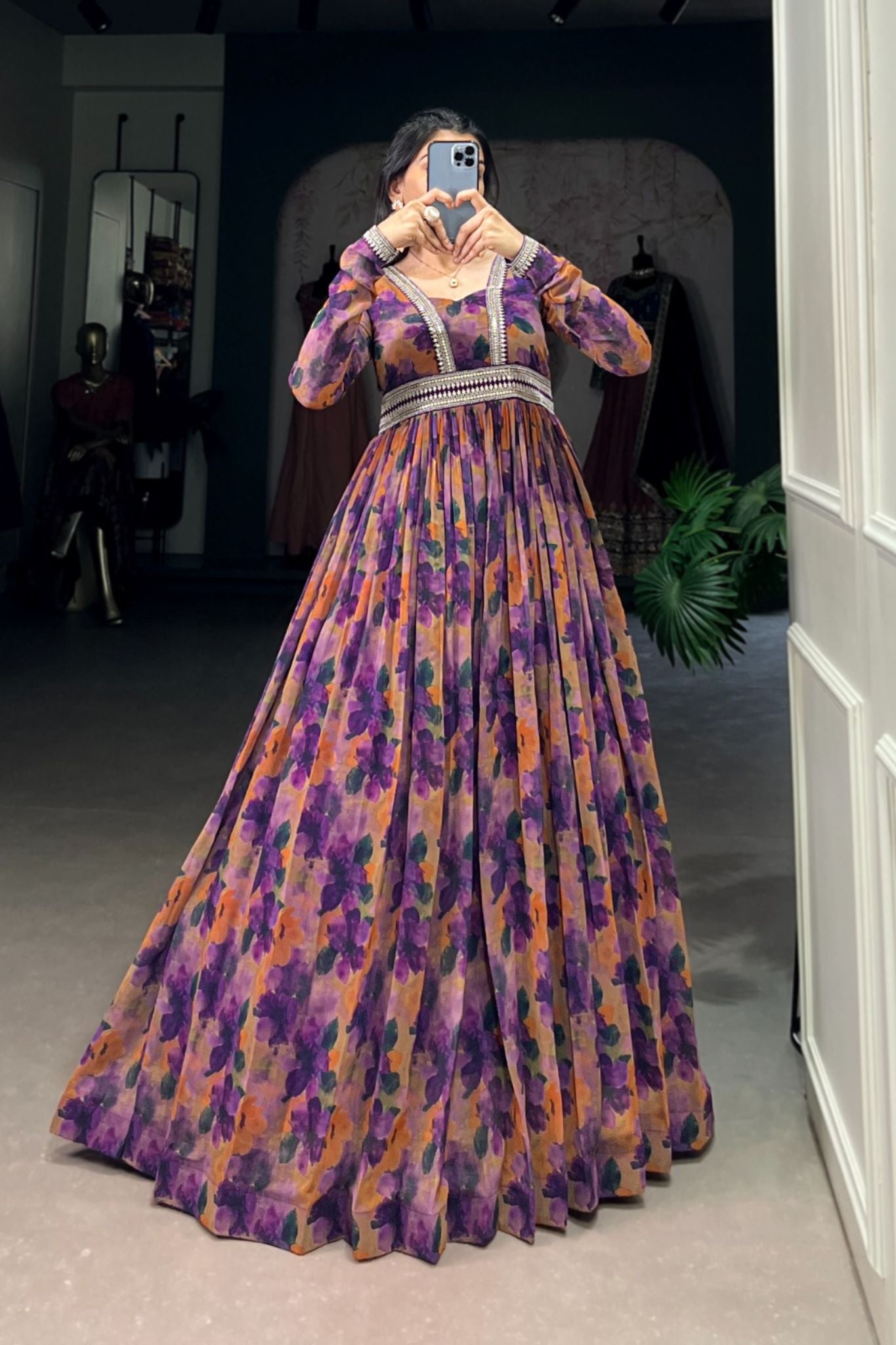 Georgette Floral Printed Purple Anarkali Gown