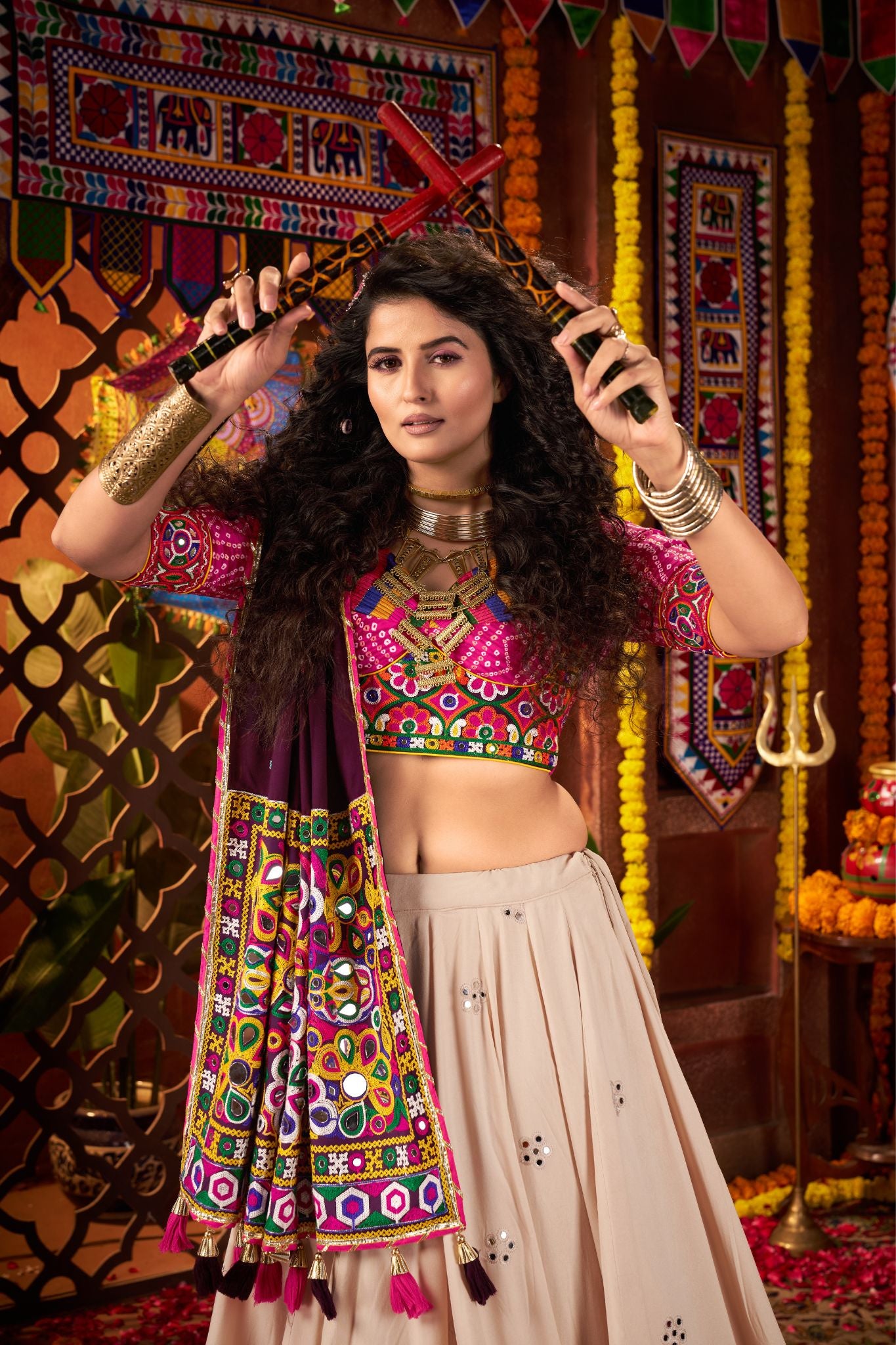 Navratri Special Kutchi Mirror Work Beige Lehenga Choli In Viscose Cotton