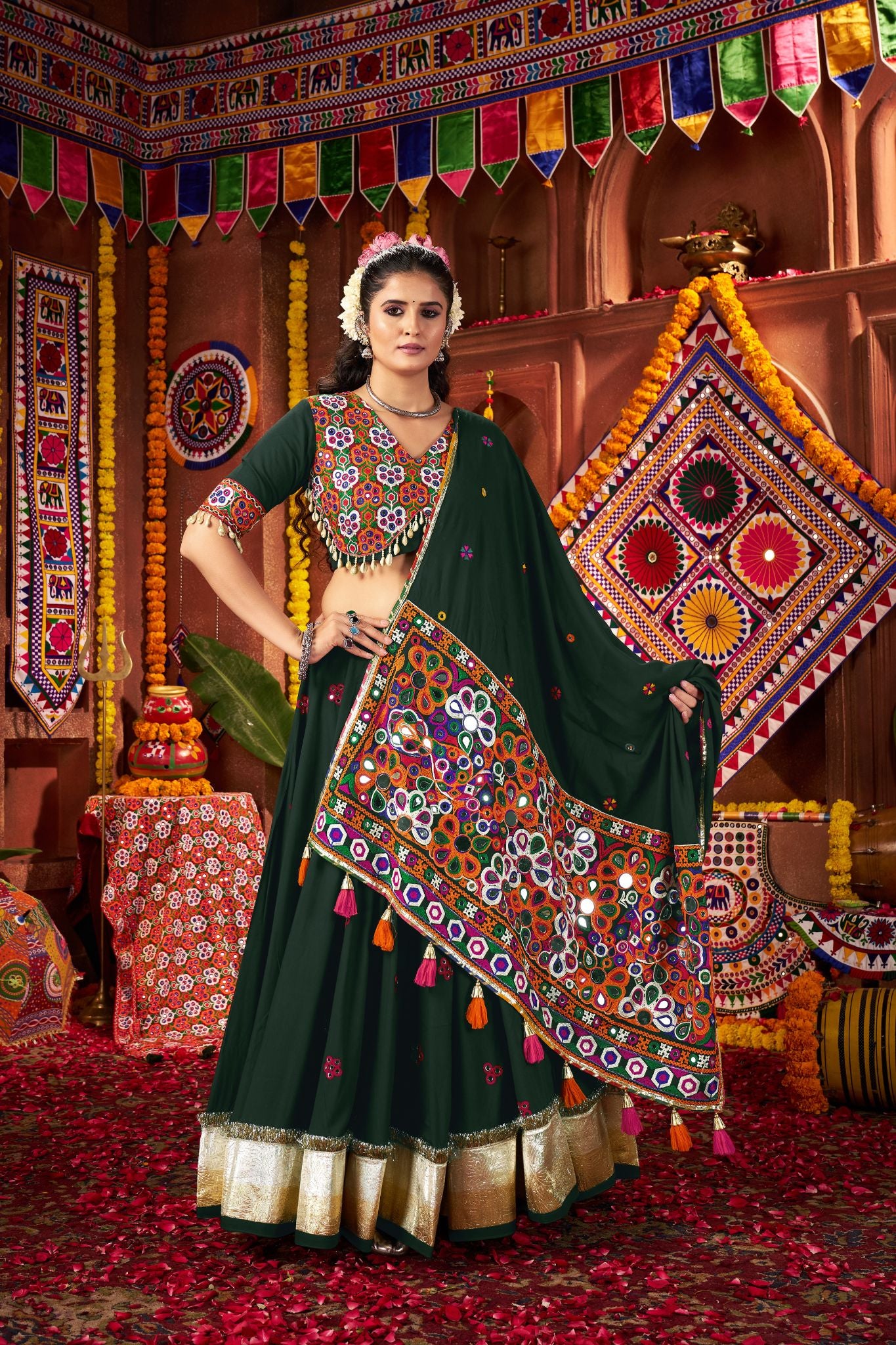 Premium Designer Green Viscose Cotton Thread With Mirror Work Navratri Lehenga CHoli