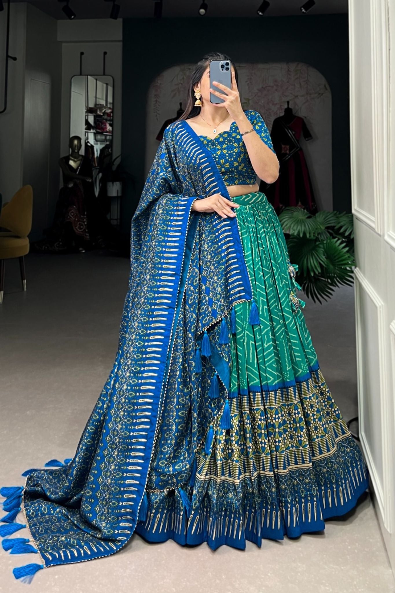 Bandhej With Ajarakh Print Silk Lehenga Choli