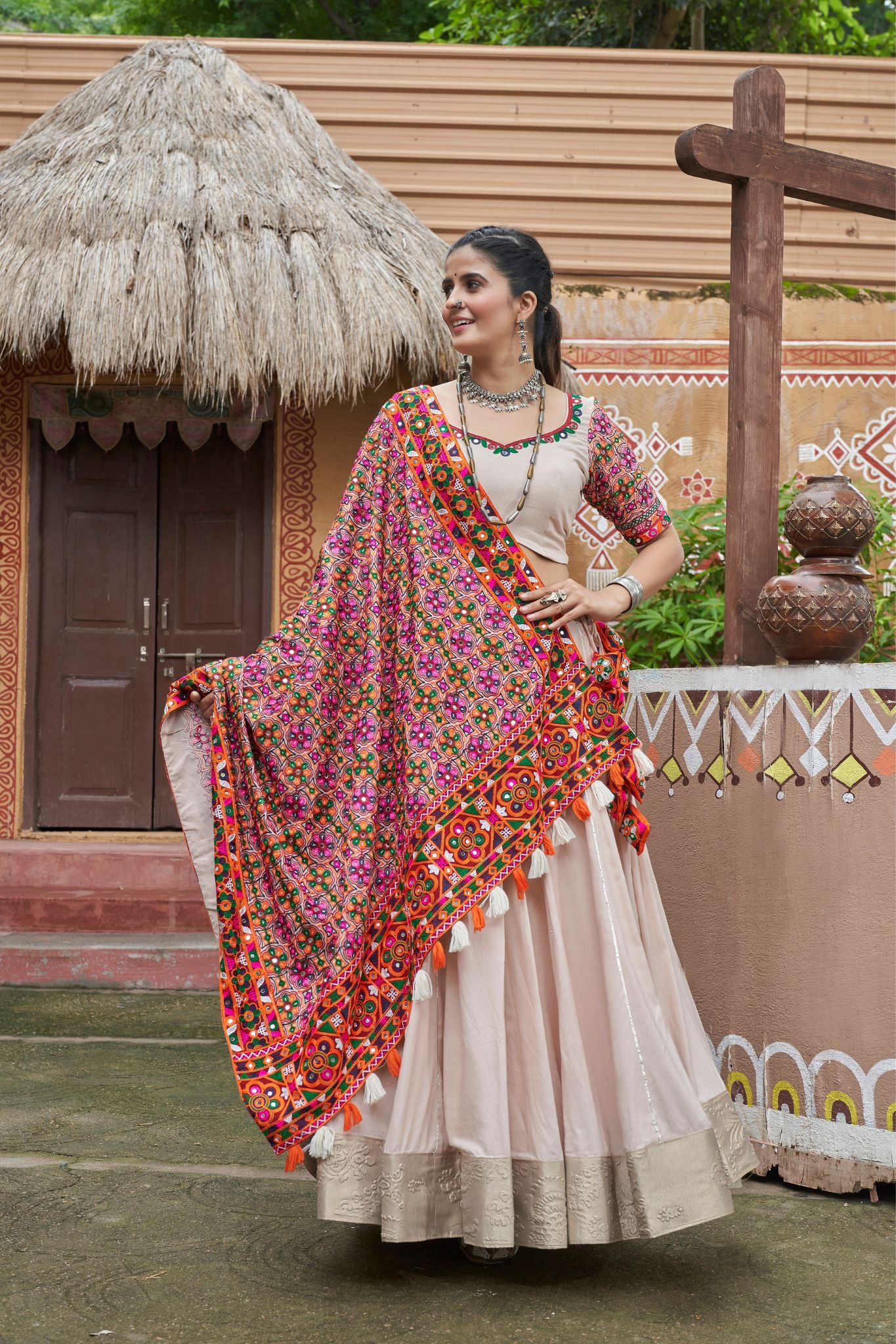 Beige Color Viscose Rayon Navratri Lehenga Choli