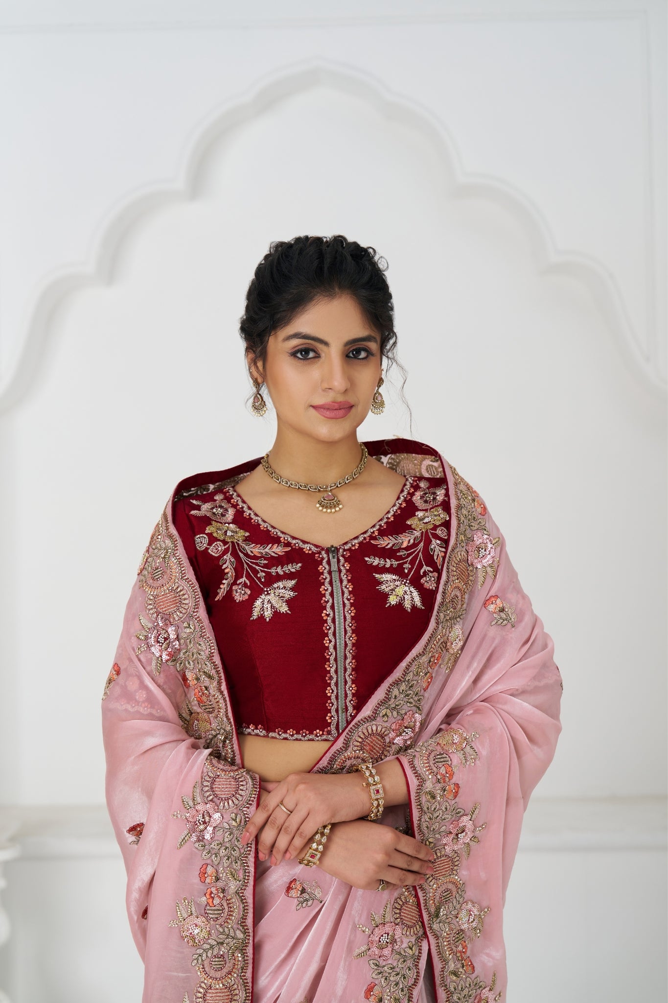 Pink Stylish Pure Fendi Silk Designer Saree