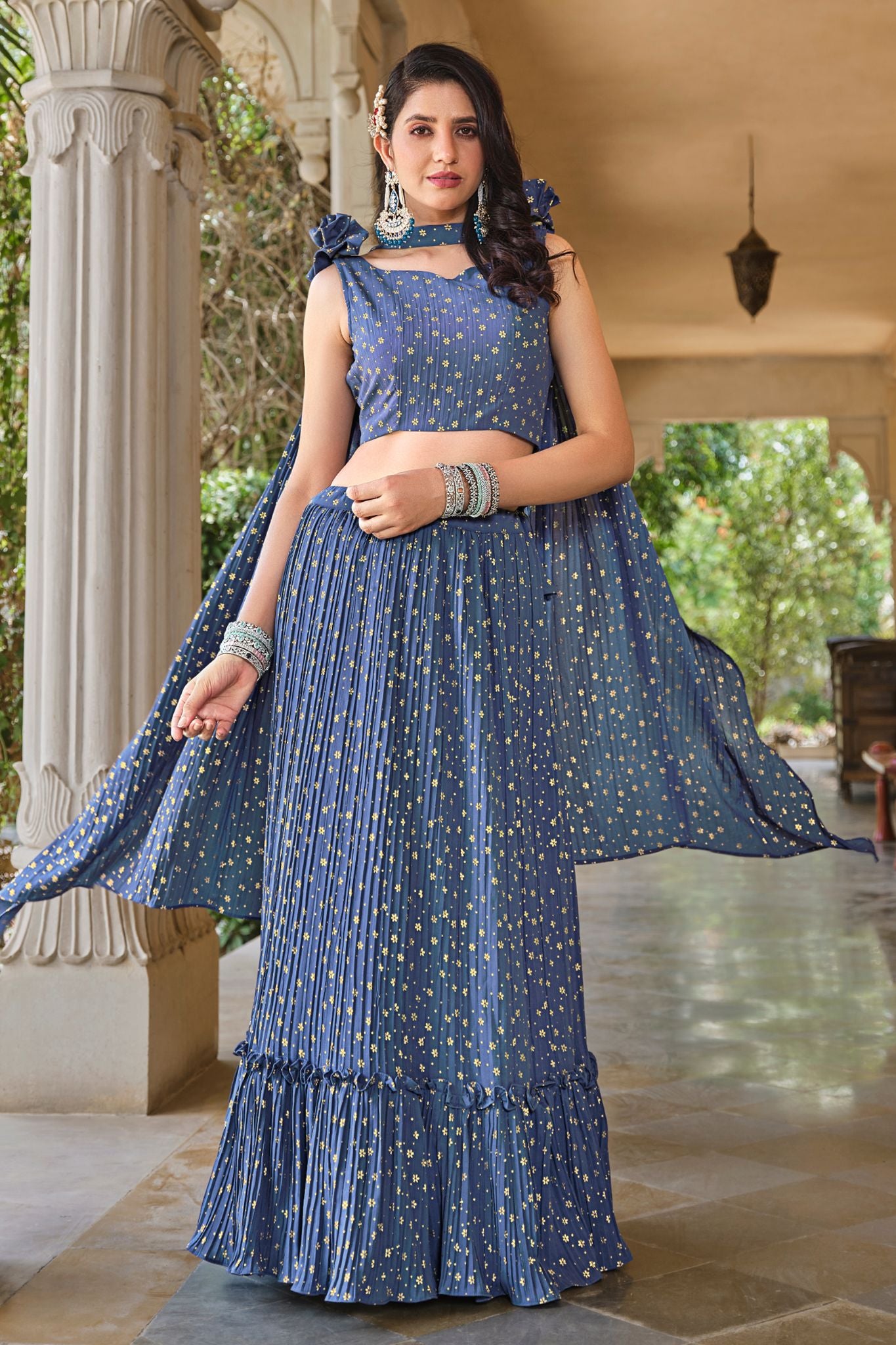 Georgette Metallic Foil Work Blue Grey Stylish Lehenga Choli