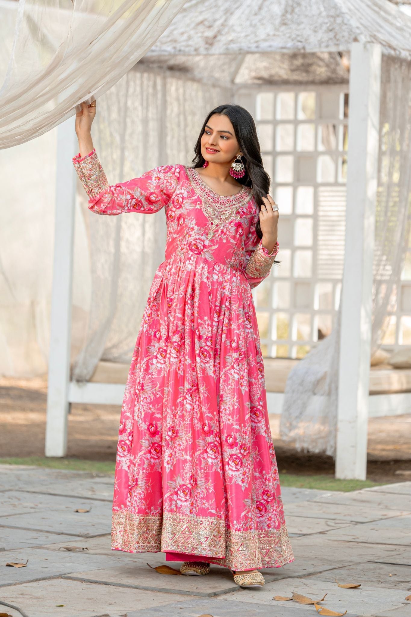 Stunning Pink Floral Embroidered With Printed Anarkali Dress