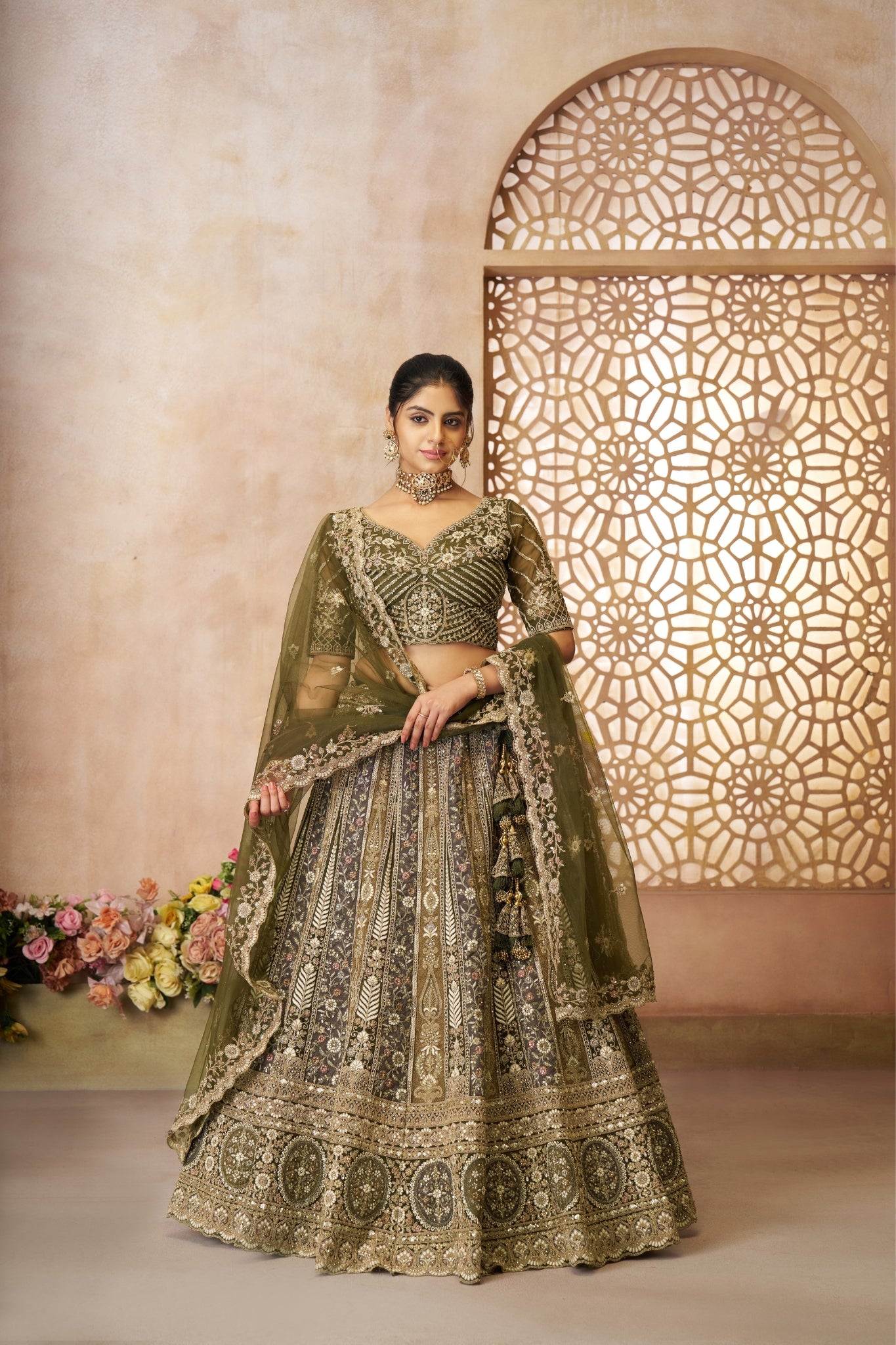 Stunning Designer Varying Embroidery With Tread Work Soft Net Wedding Lehenga Set