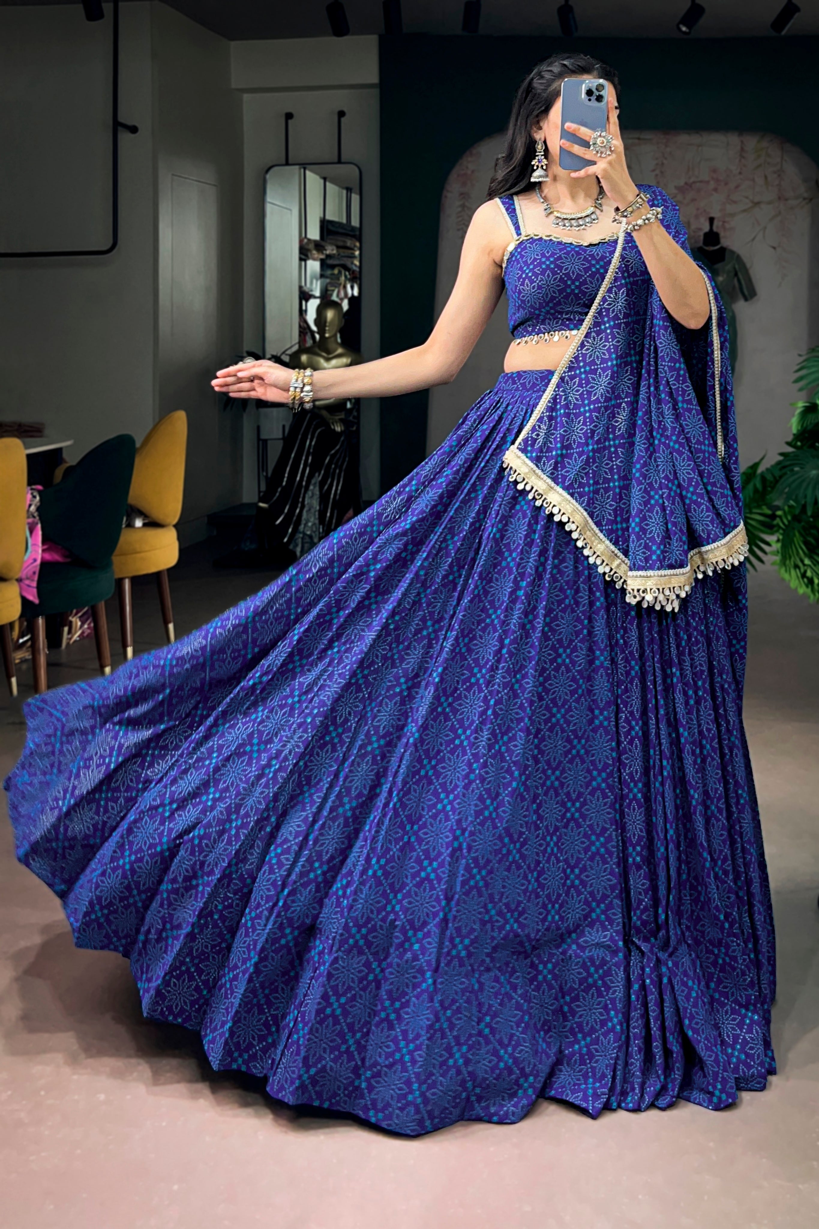 Royal Blue Navratri Special Georgette Bandhej Foil Print Lehenga Choli With Mirror Lace Border