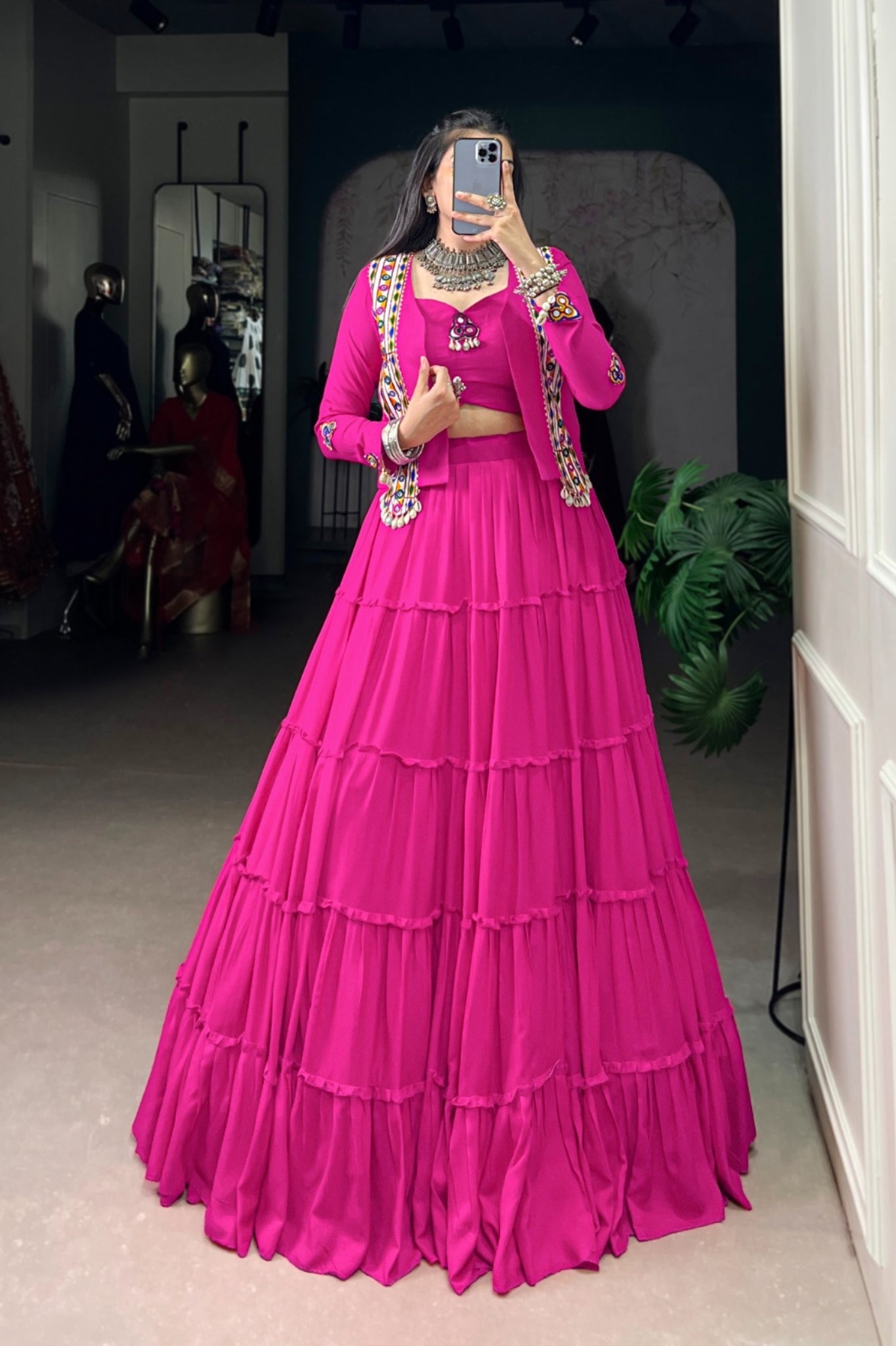 Pure Rayon Mirror Gamthi Work Navratri Lehenga Choli Set