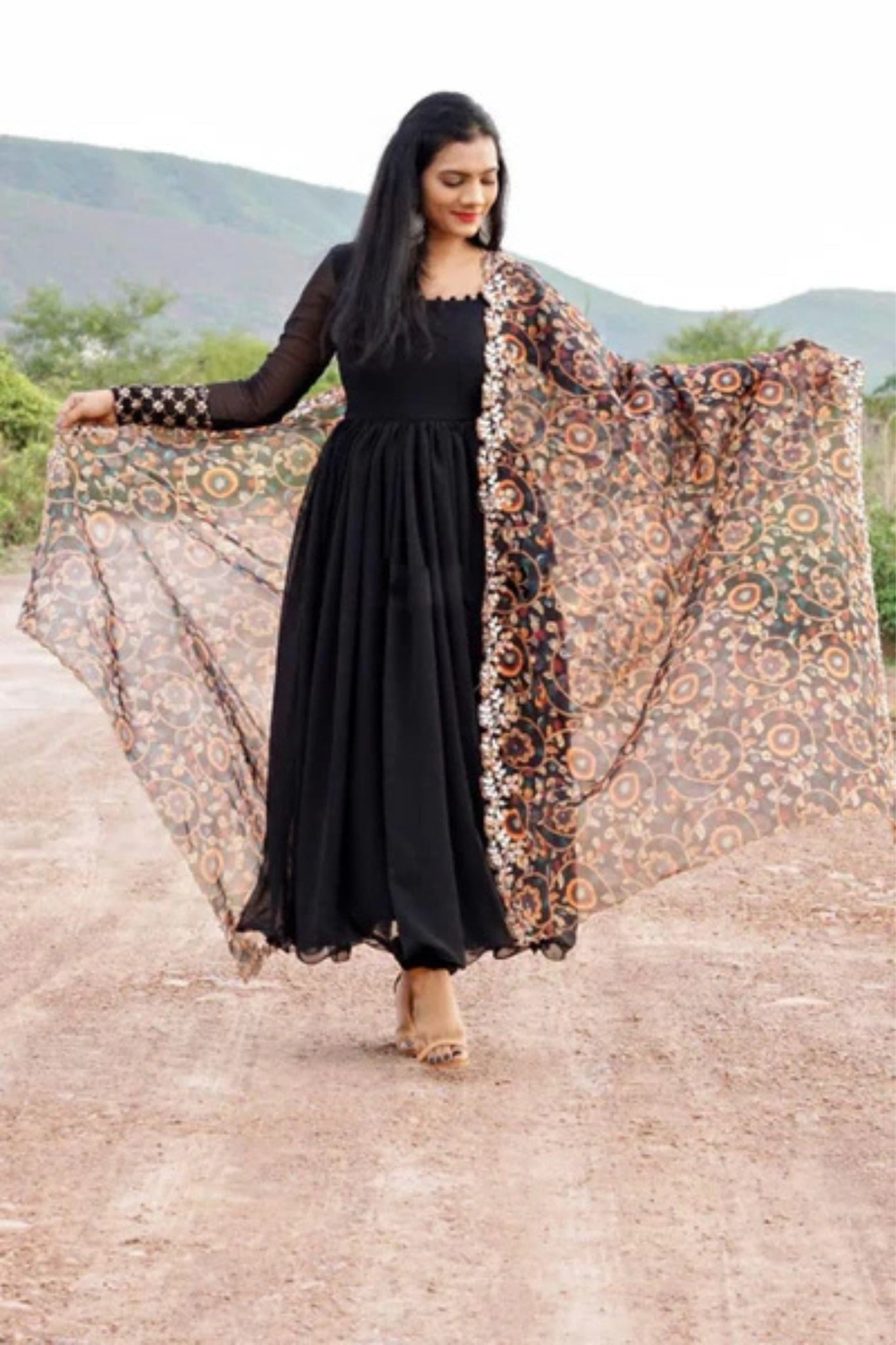 Black Georgette Plain Anarkali Suit With Dupatta