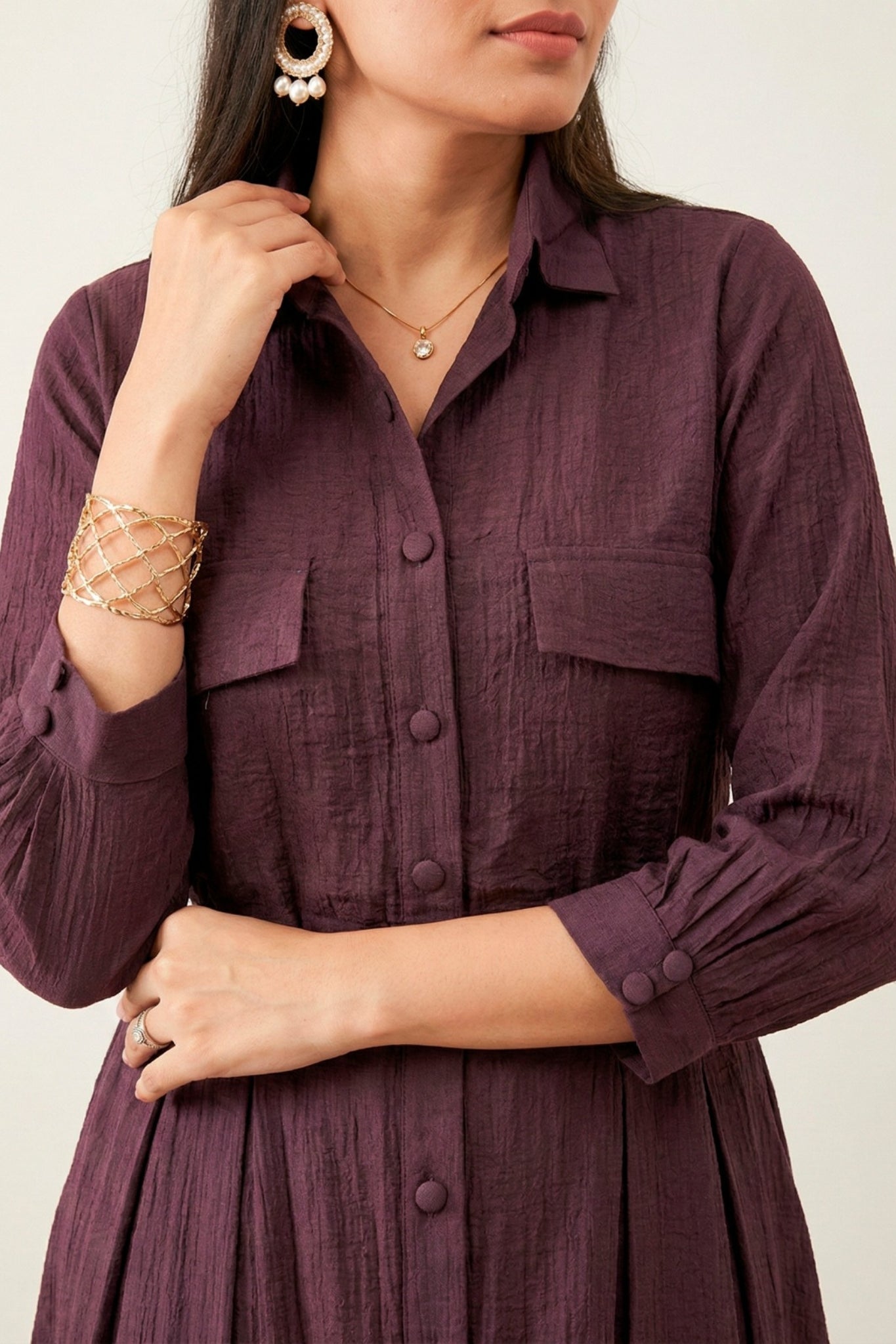 Premium Crackle Fabric Button Down Midi Frock For Women
