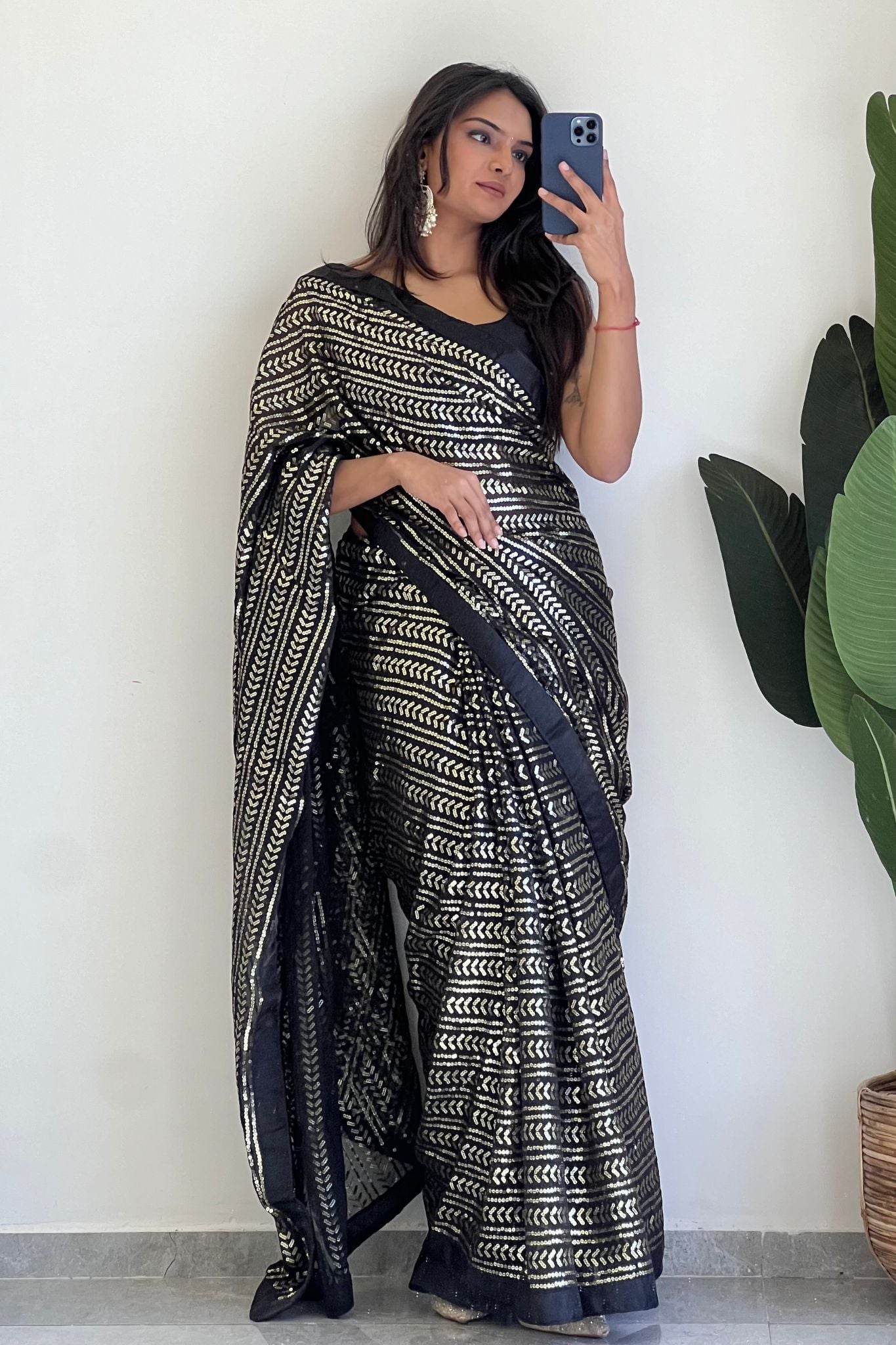 Black Georgette Sequence Worked Saree