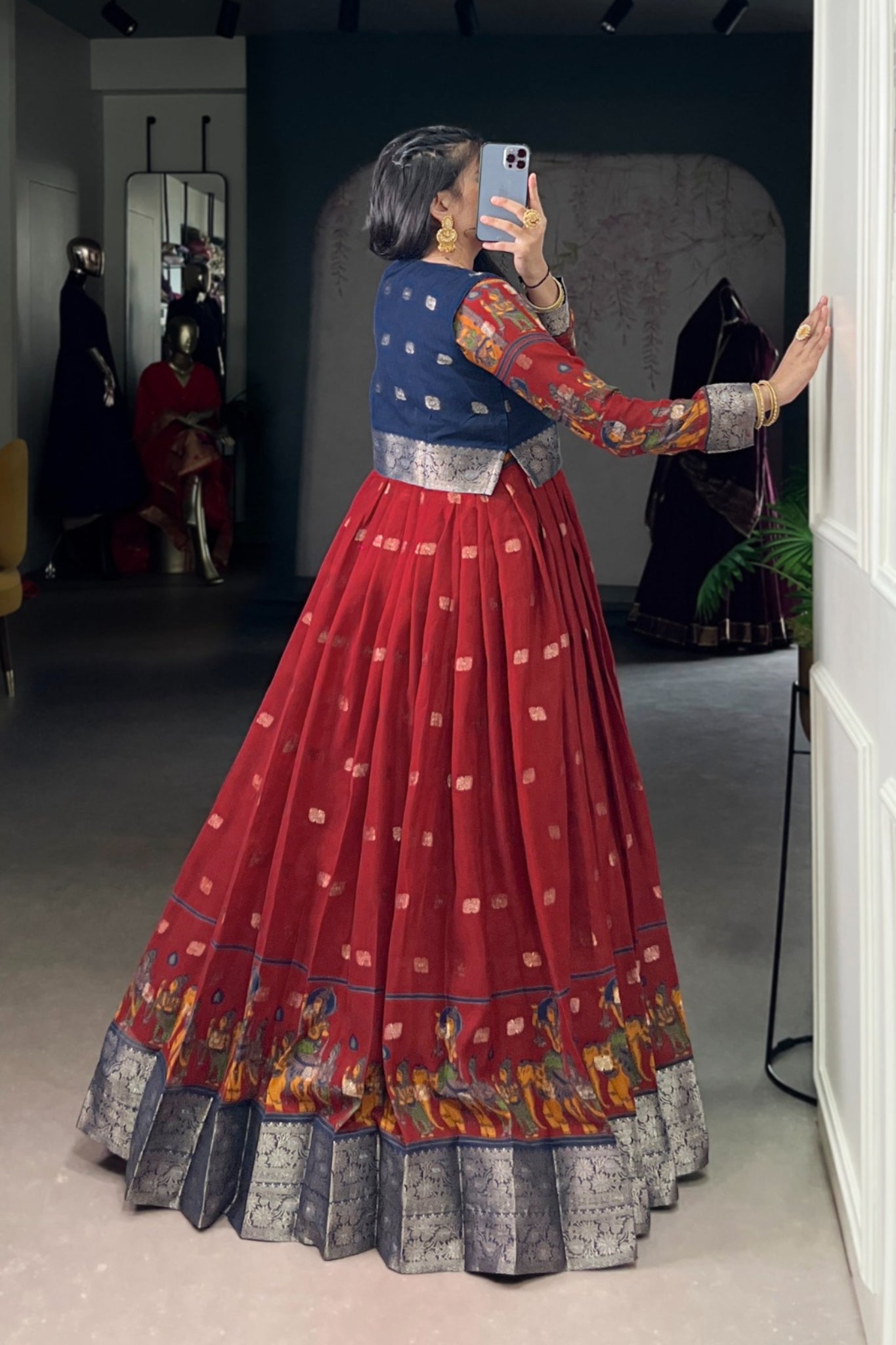 Kalamkari Printed Poly Cotton Zari Weaving Work Designer Gown