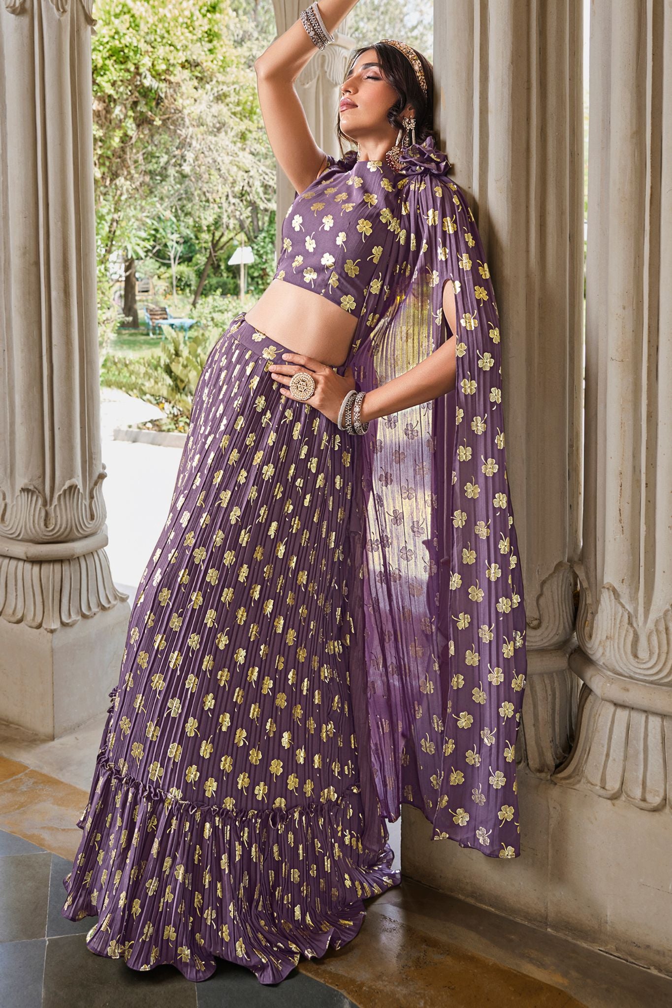 Georgette Metallic Foil Work Light Purple Designer Lehenga Choli