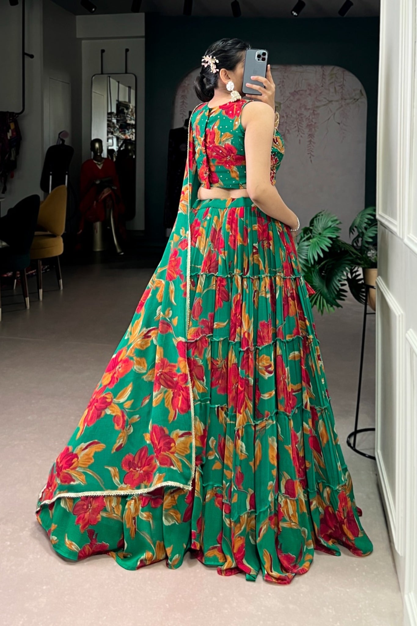 Floral Marble Print Lehenga Choli Set For Women