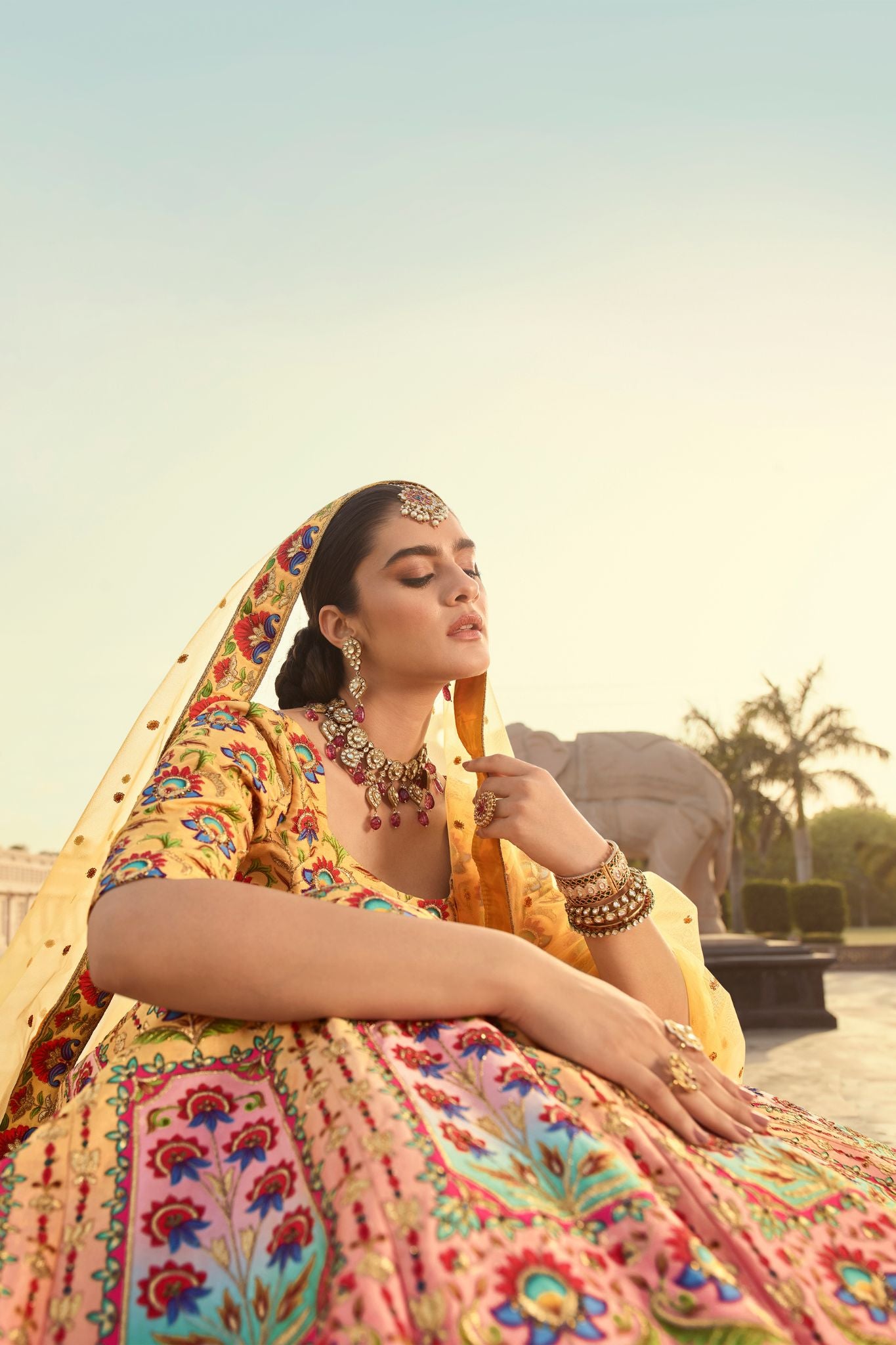 Yellow Embroidery With Print And Diamond Work Bridal Lehenga For Wedding