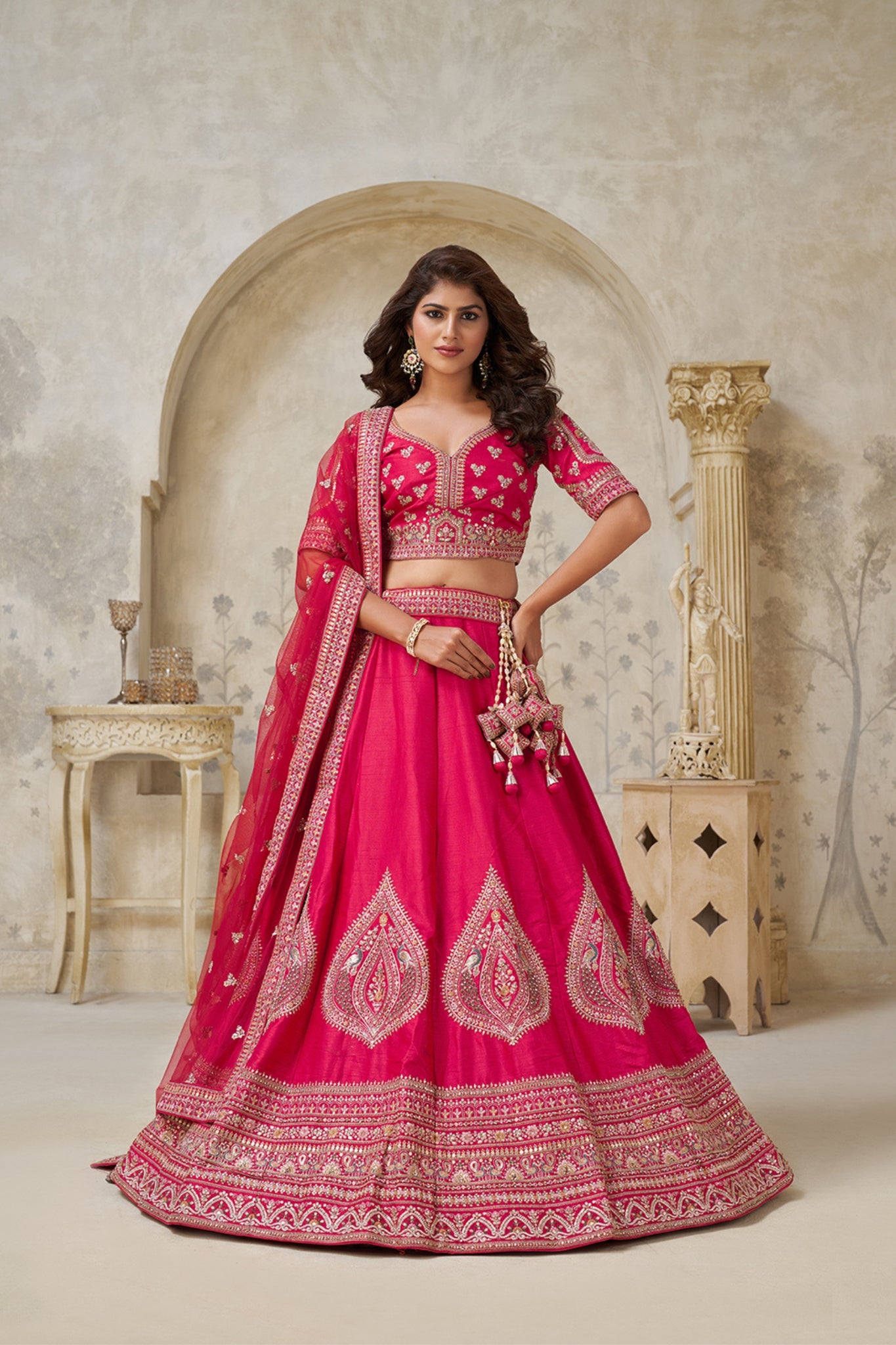 Crimson Elegance Minimalist Peacock And Leaf Motif Bridal Lehenga