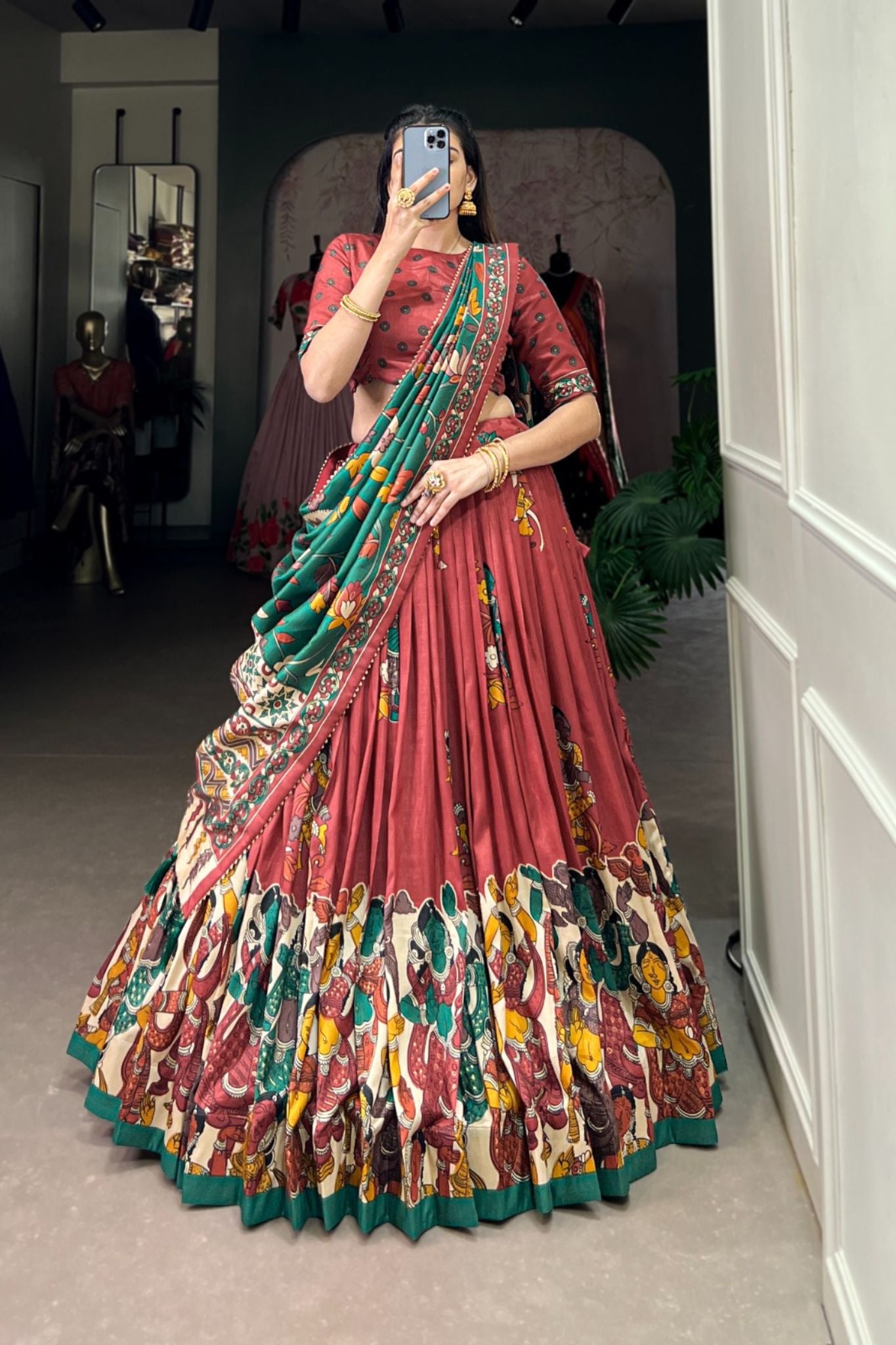 Kalamkari Printed Tussar Silk  Traditional Lehenga Choli