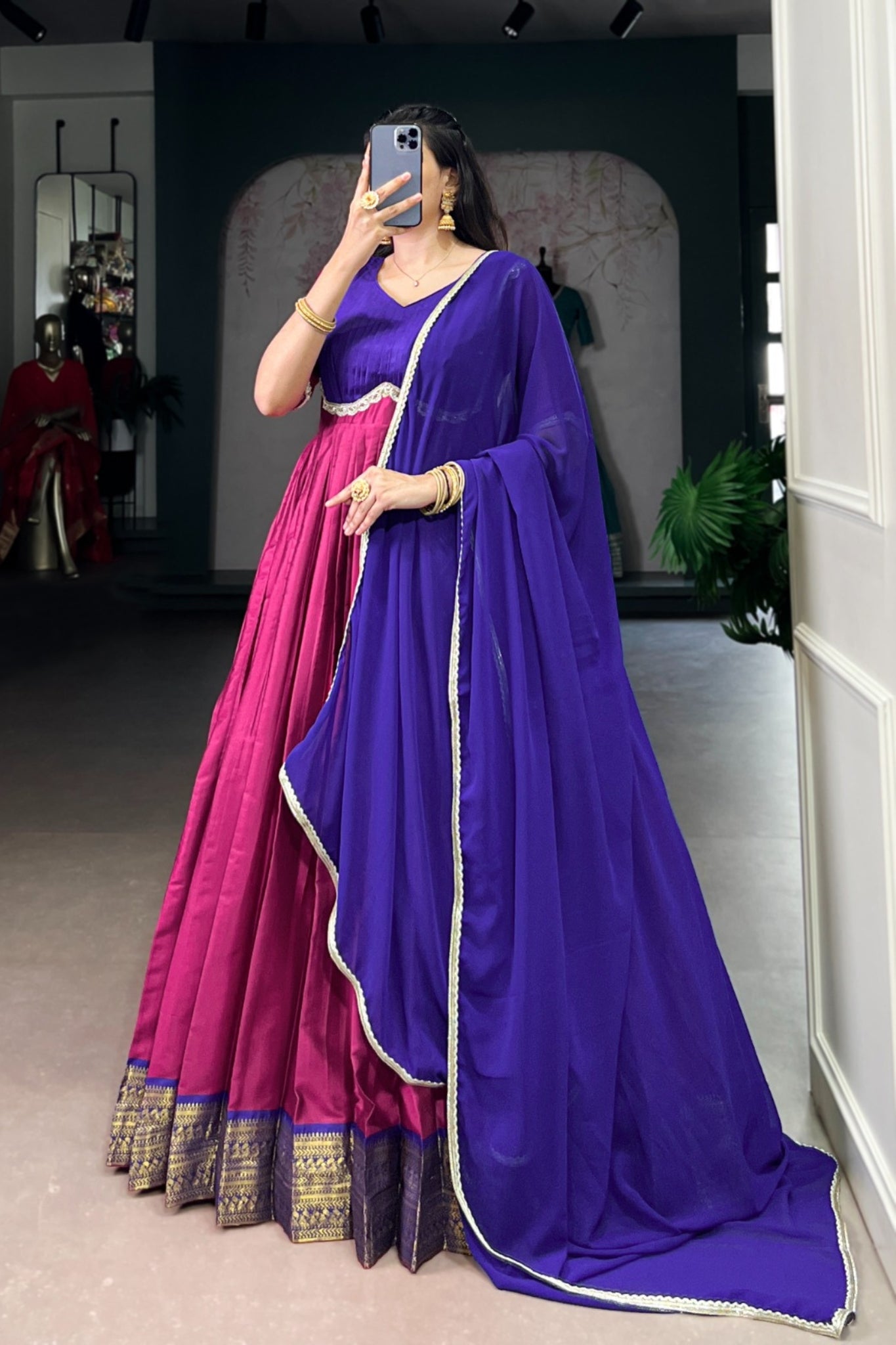 Designer Aura Silk Zari Weaving Gown With Georgette Lace Dupatta