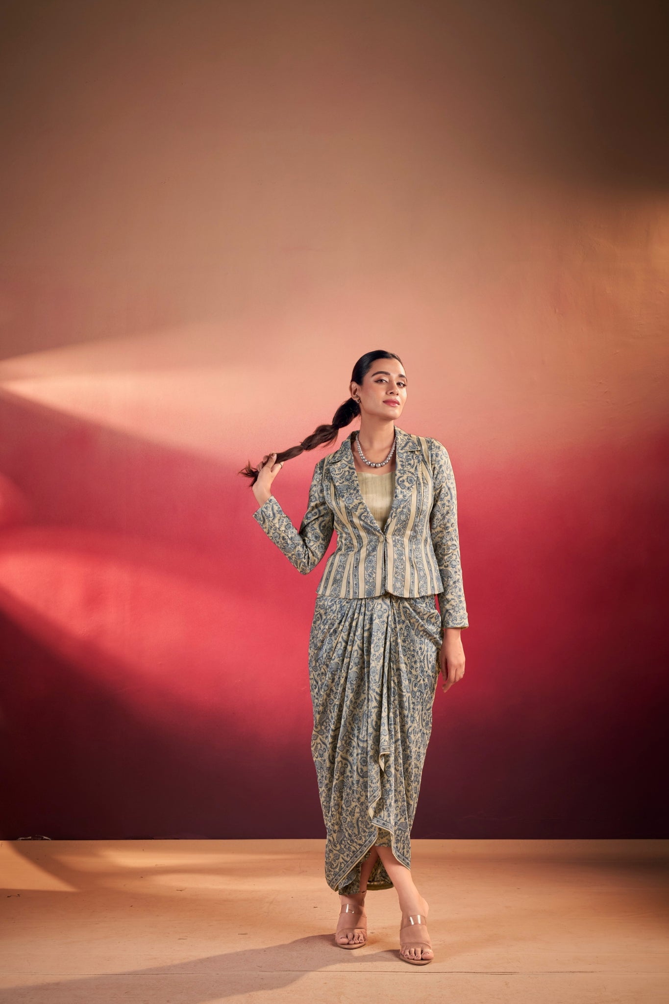 Premium Printed Tasar Silk Co-Ord Set With Draped Skirt & Tailored Jacket