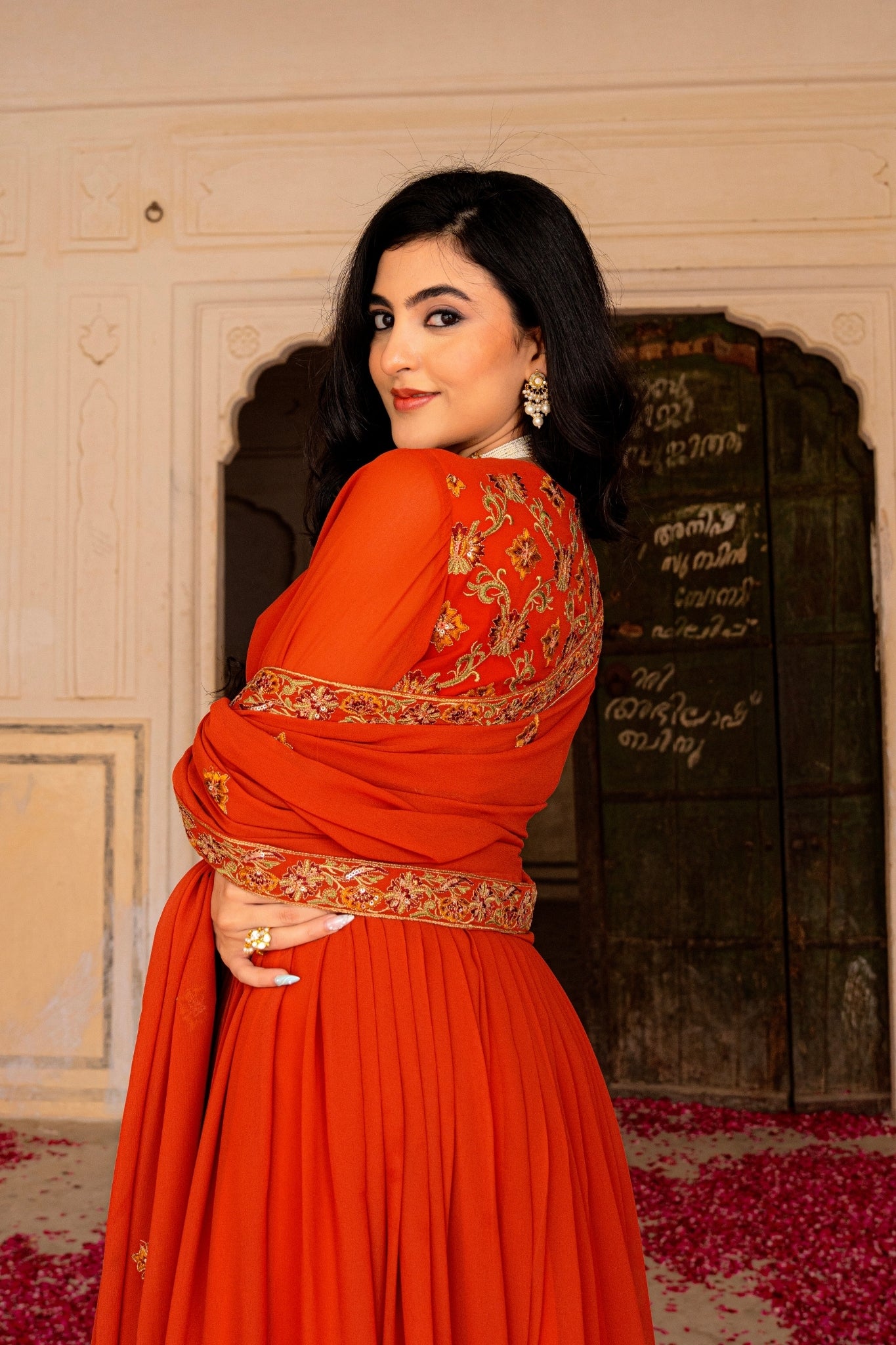 Radiant Orange Georgette Anarkali With Intricate Embroidered Detailing