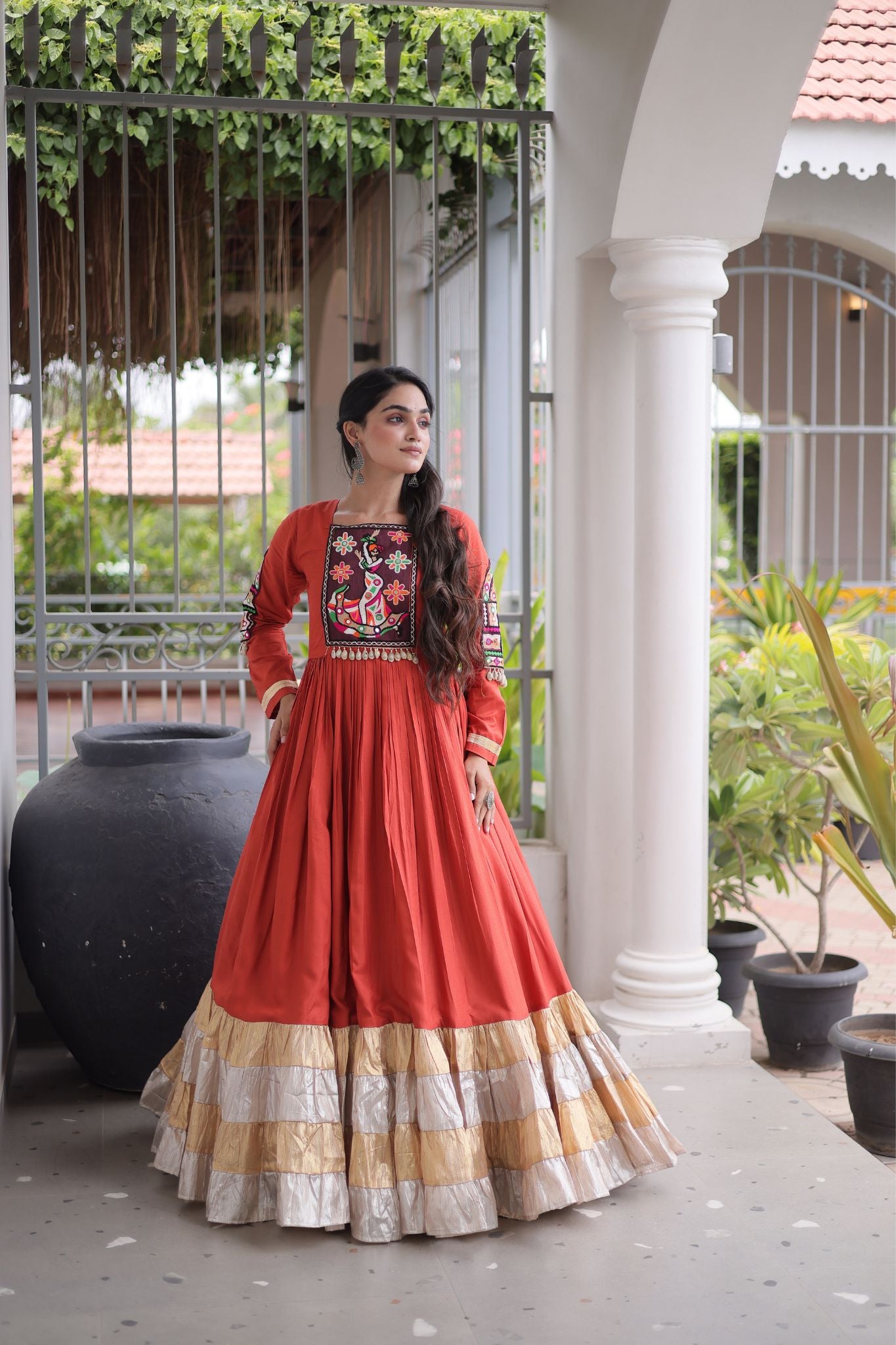 Raasrang Navratri Special Designer Rayon Gown With Kutchi Gamthi Thread Work