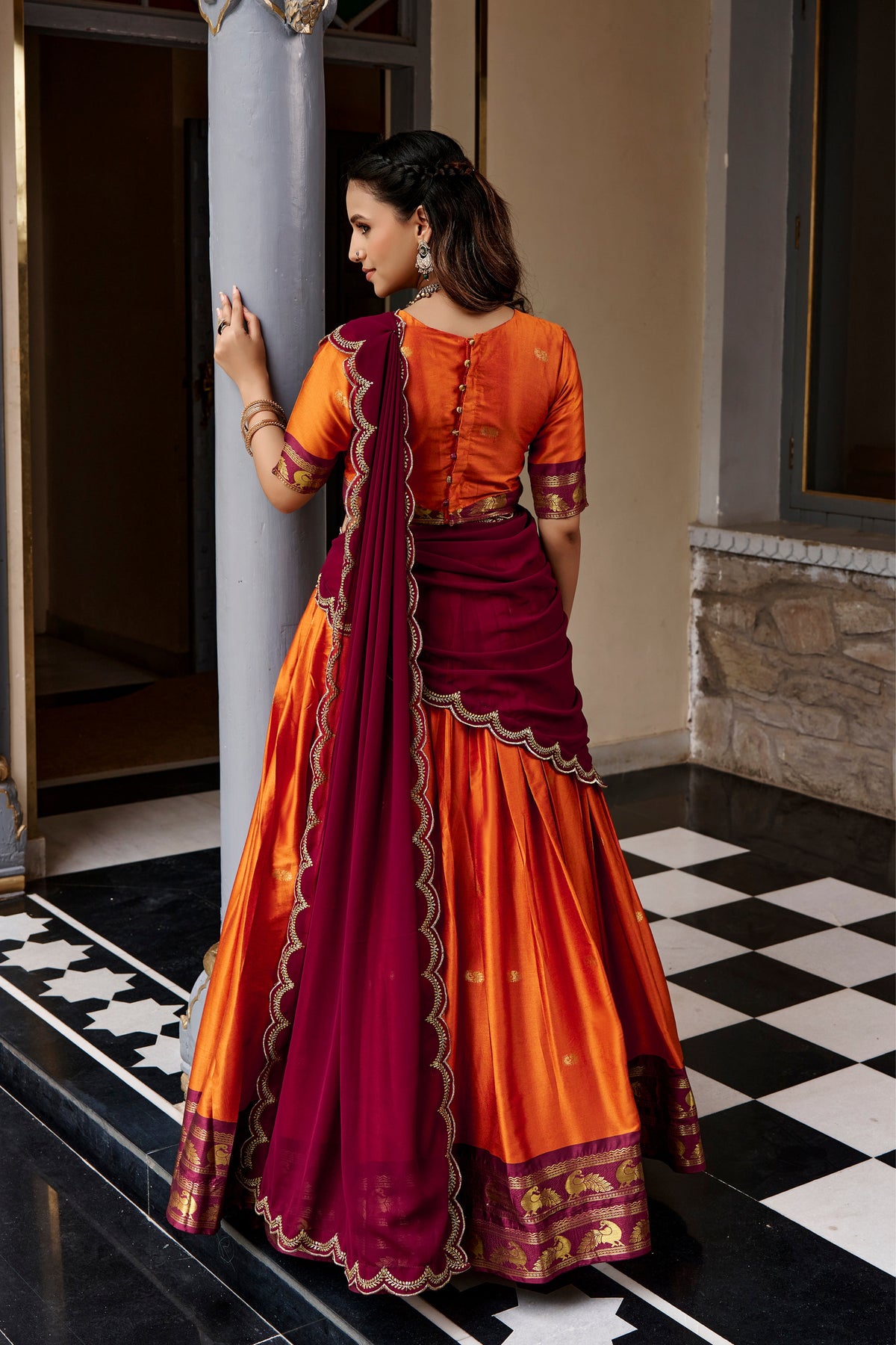 Buy South Indian Cotton Silk Lehenga Choli With Zari Woven Border
