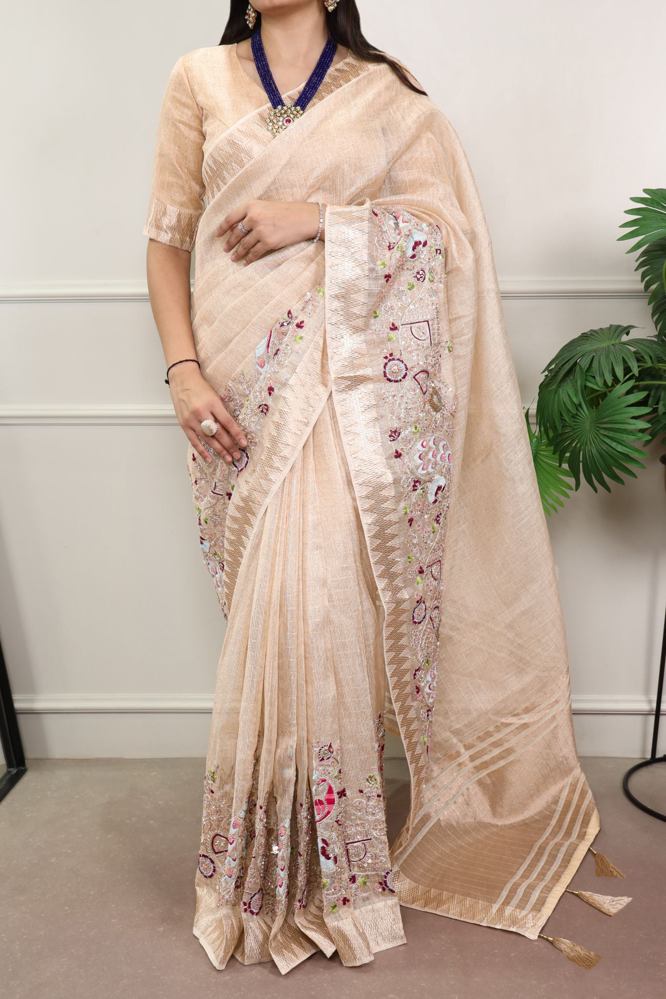 Premium Zari Kota Tissue Saree | Embroidery Beads Work Zari Weaving Border