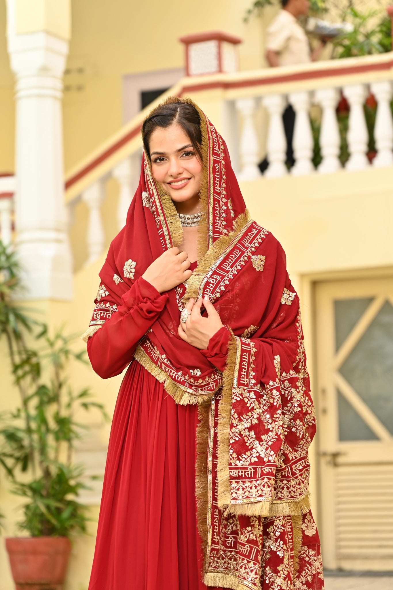 Red Embroidered Wedding Gown With Dupatta