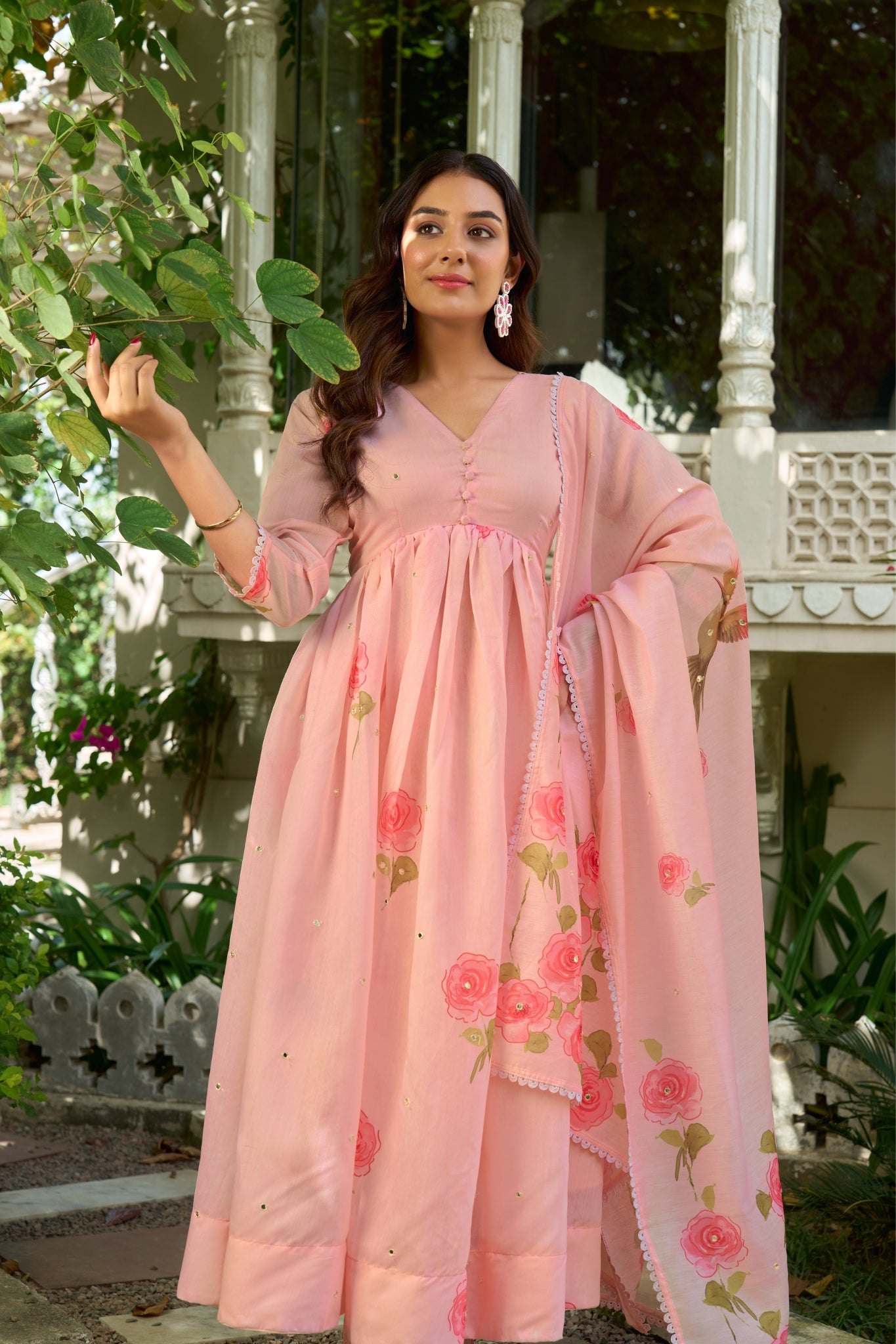 Pure Chanderi Floral Anarkali Suit Set With Palazzo Dupatta For Women