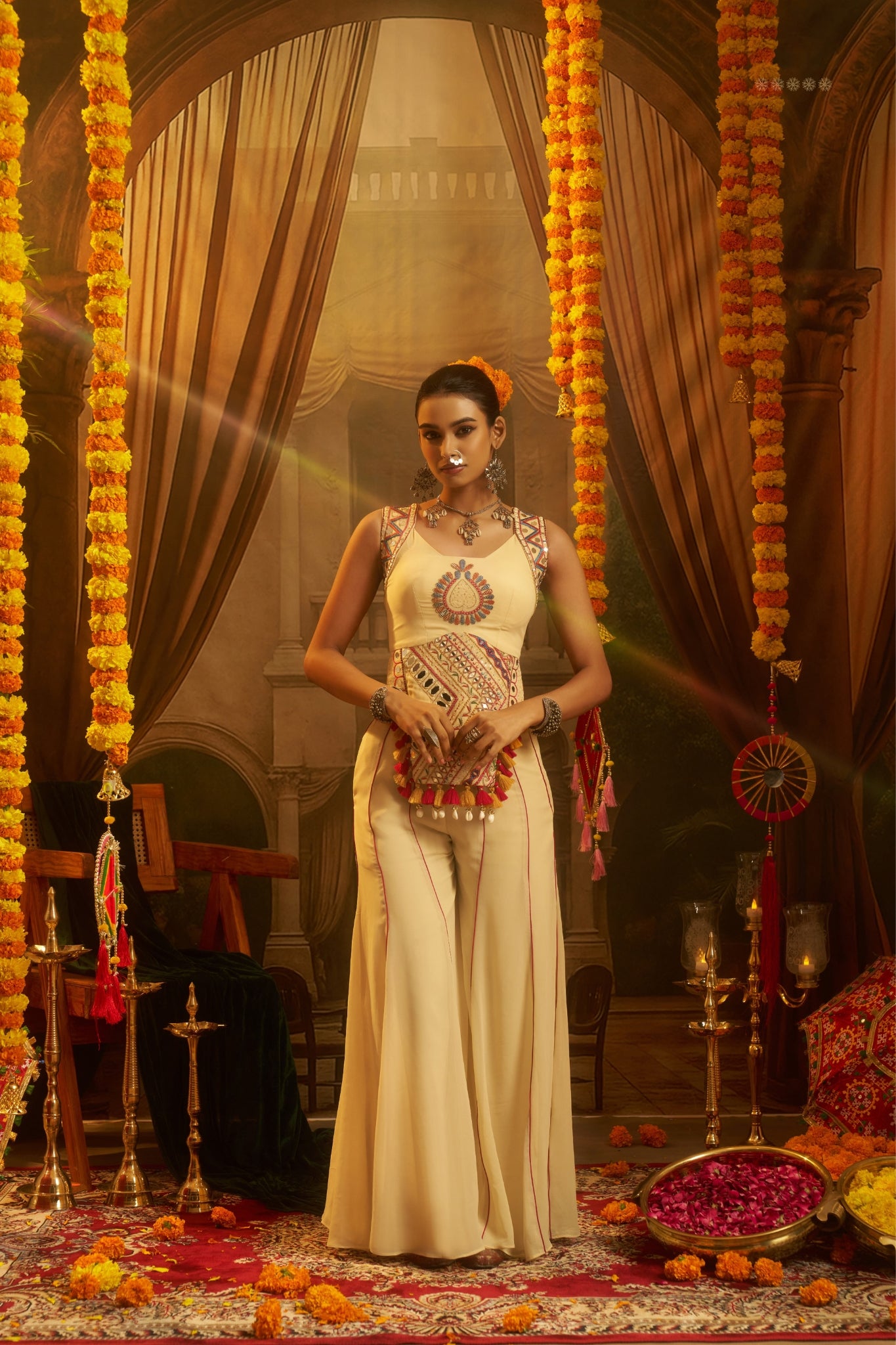 Cream Georgette Designer Festive Set With Thread, Mirror And Shell Handwork