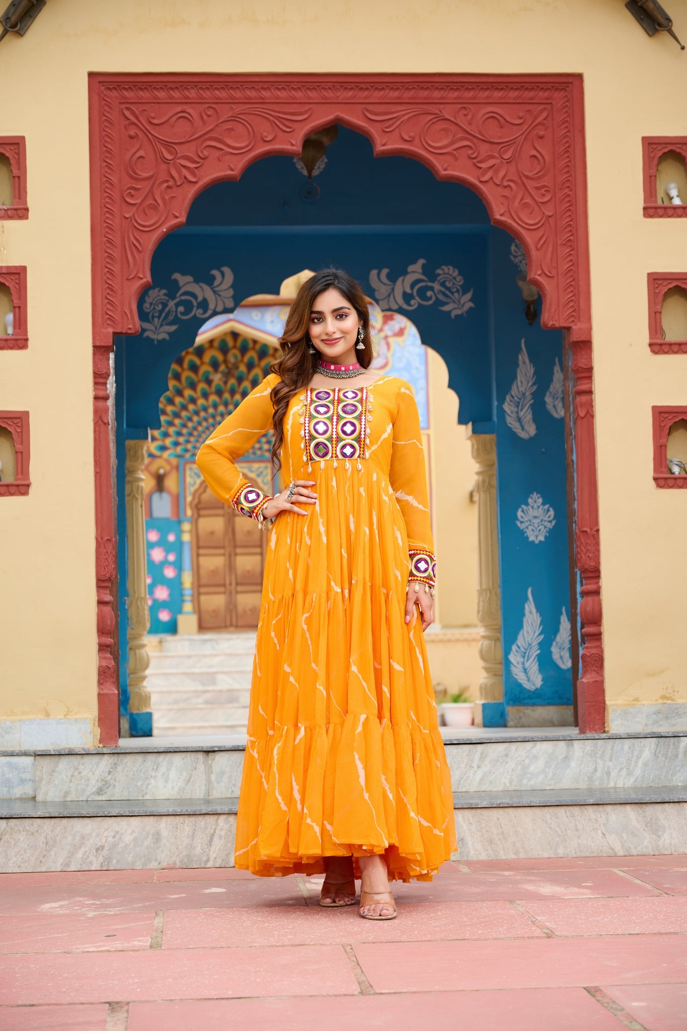Stunning Laheriya Print With Kutchi Patch Work Georgette Stylish Navratri Gown