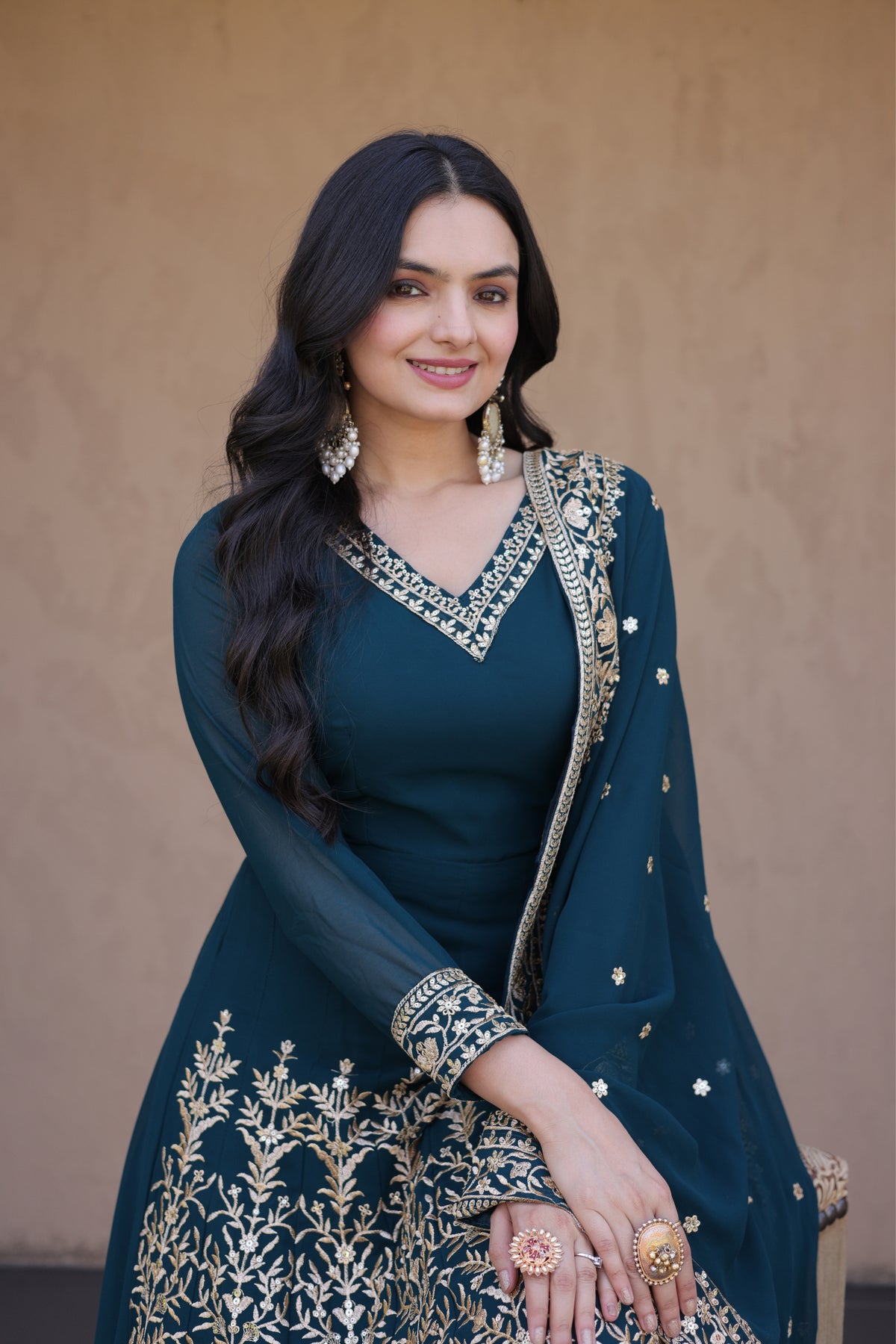 Designer Multi-Sequins Embroidered Anarkali Gown Set With Pant & Dupatta