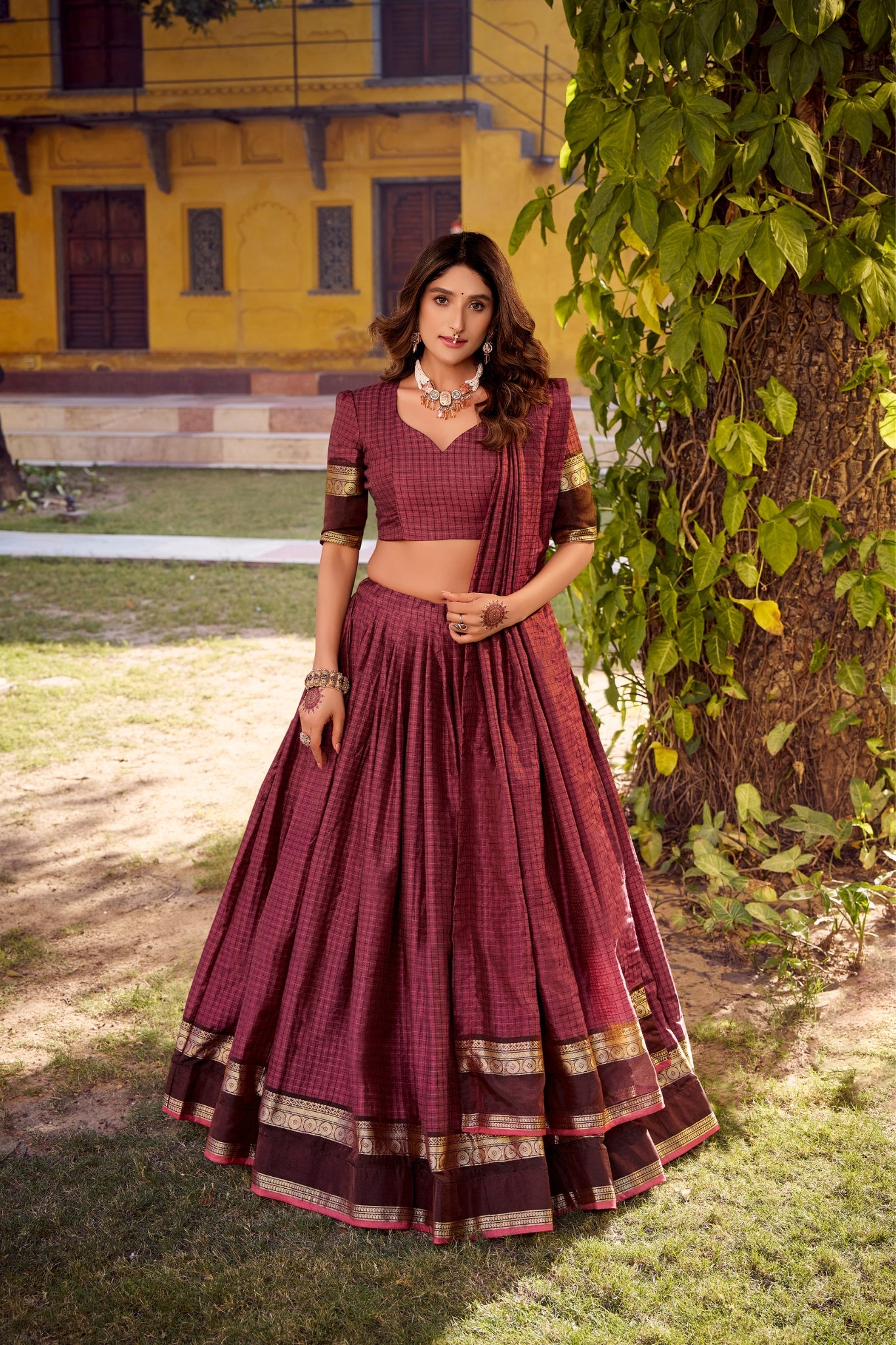 Premium Chettinad Cotton Zari Weaving South Indian Ethnic Lehenga Set