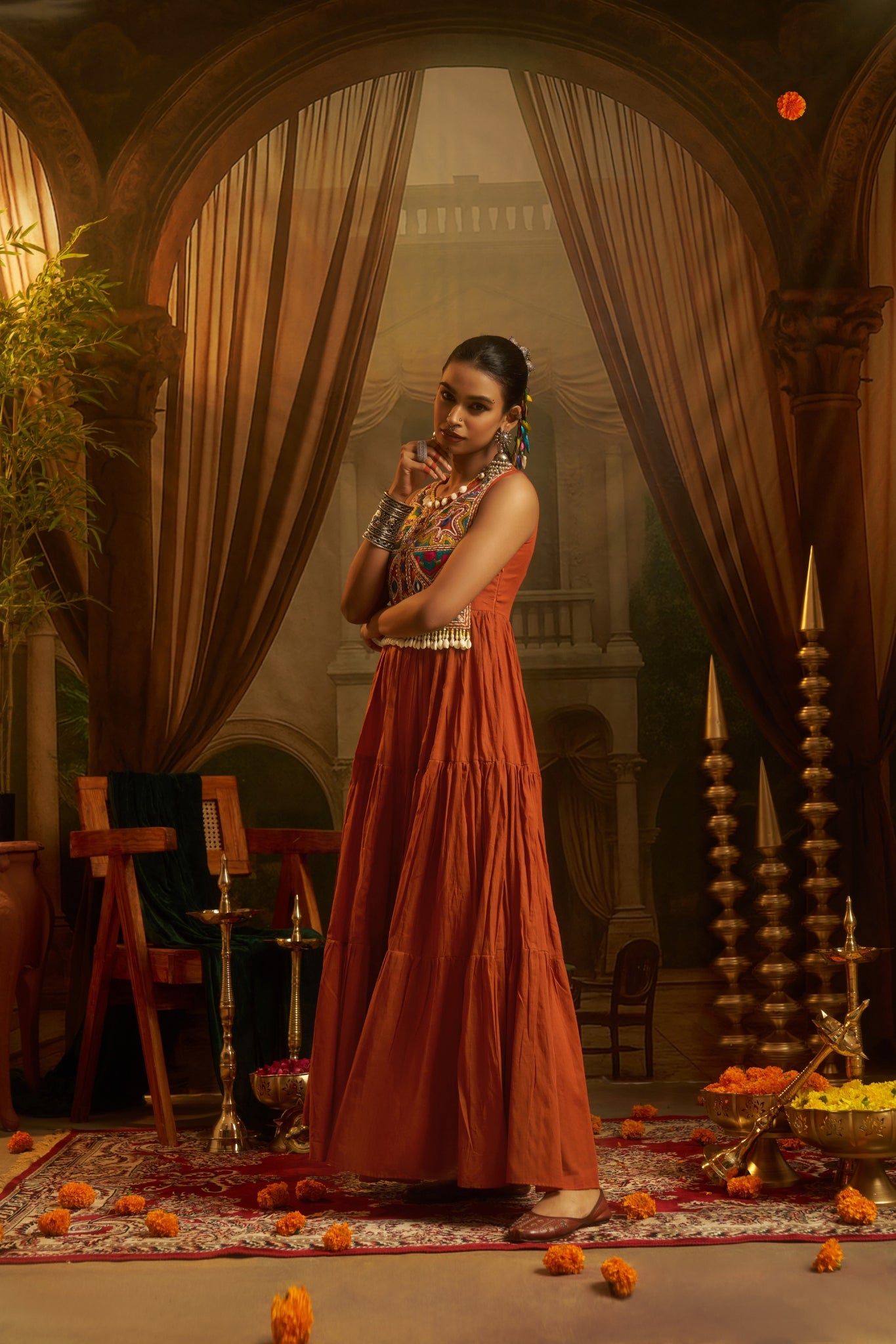 Rust Orange Tiered Anarkali Dress With Hand Embroidered Yoke & Cowrie Shell Fringe