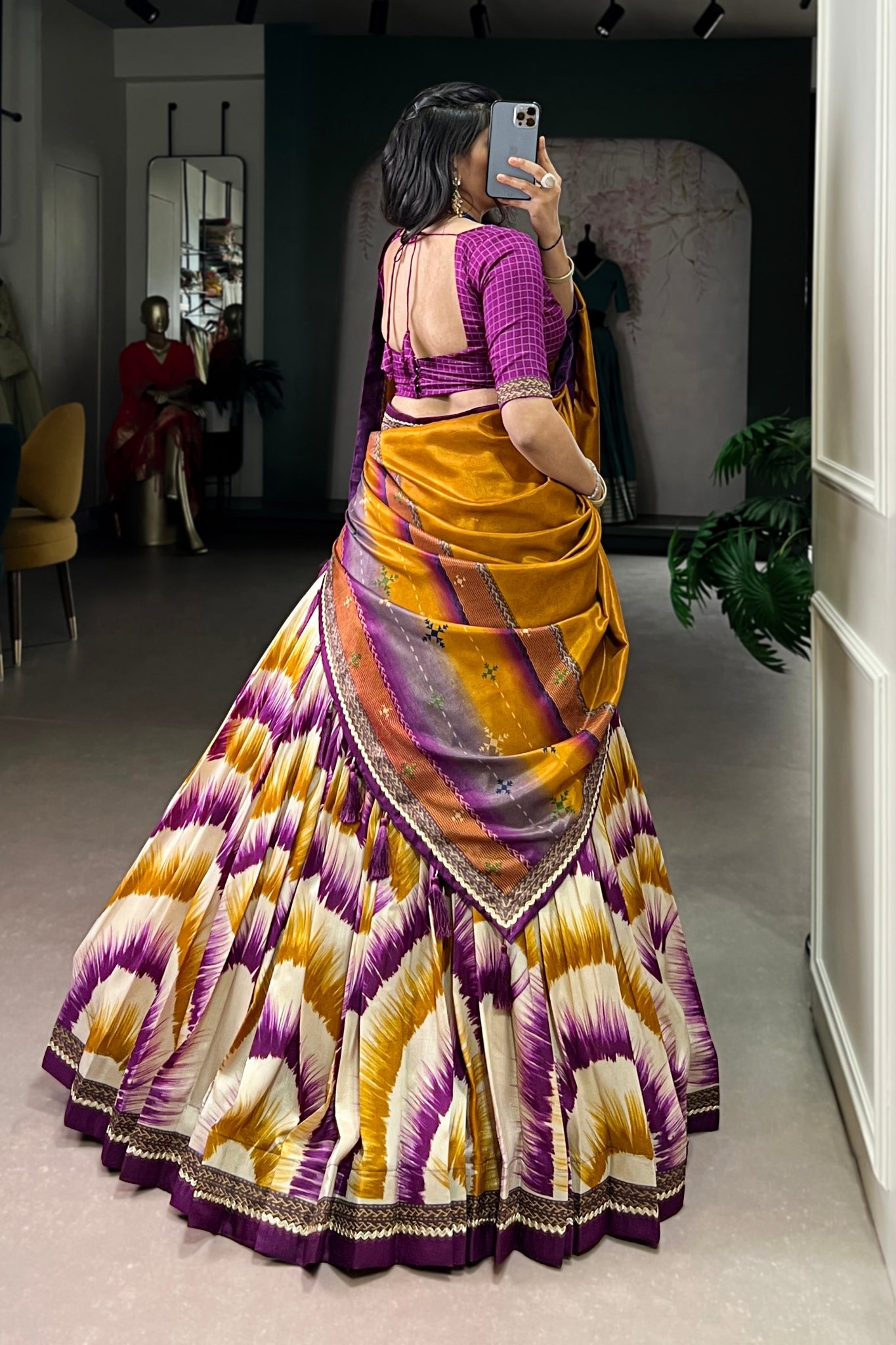 Tasar Silk Tie Dye Lehenga Set With Printed Dupatta And Chex Blouse