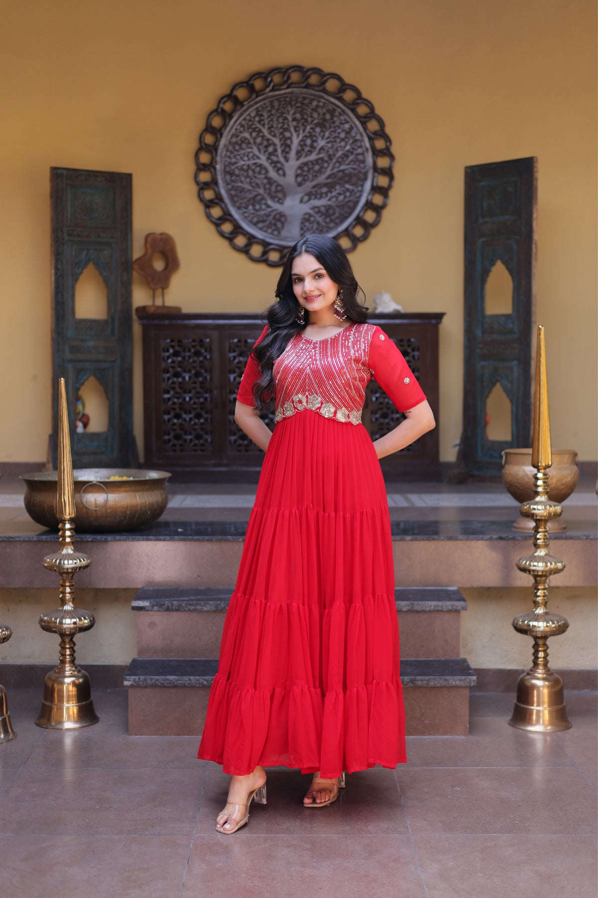 Rani Pink & Red Faux Blooming Designer Sequins Embroidered Tiered Flared Anarkali Gown