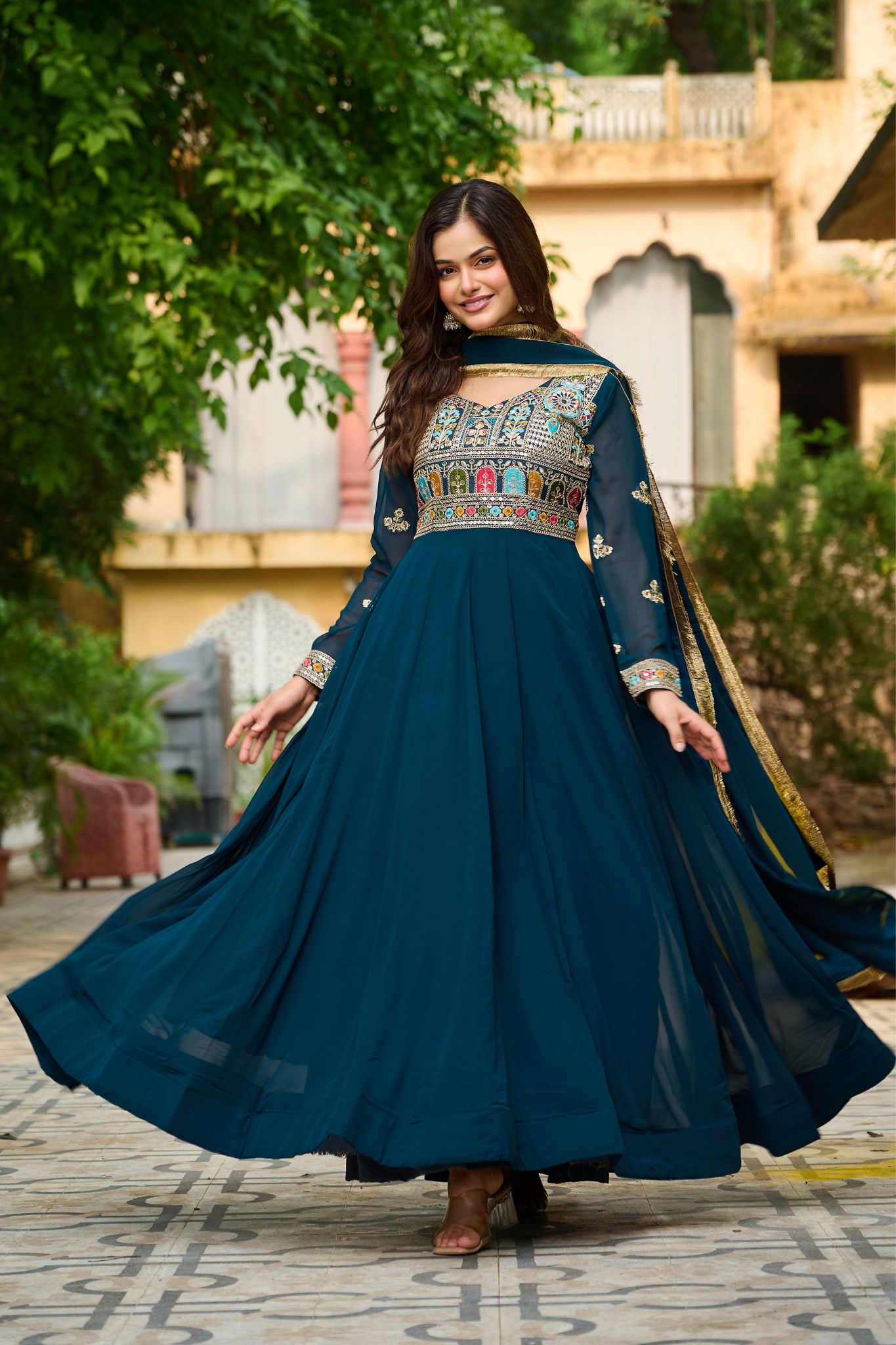Ethnic Stylish Crafted Multi Thread Embroidered Work Gown With Dupatta Set
