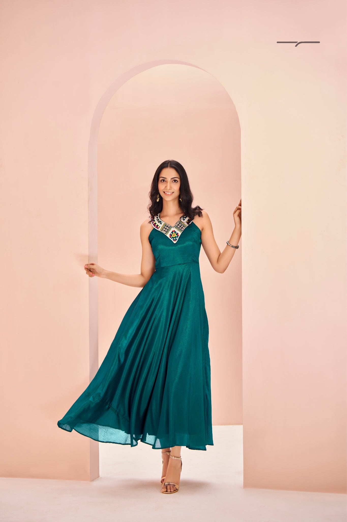 Teal Symphony Hand-Embroidered Chinon Dress