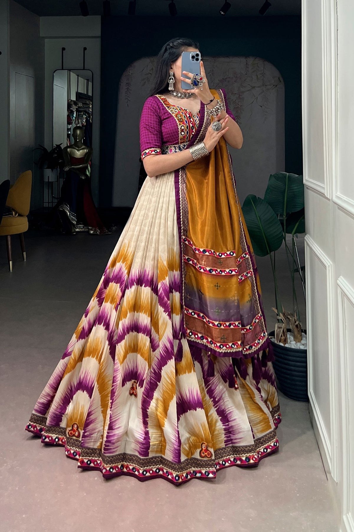 Tasar Silk Tie & Dye With Gamthi Work Navratri Lehenga Choli
