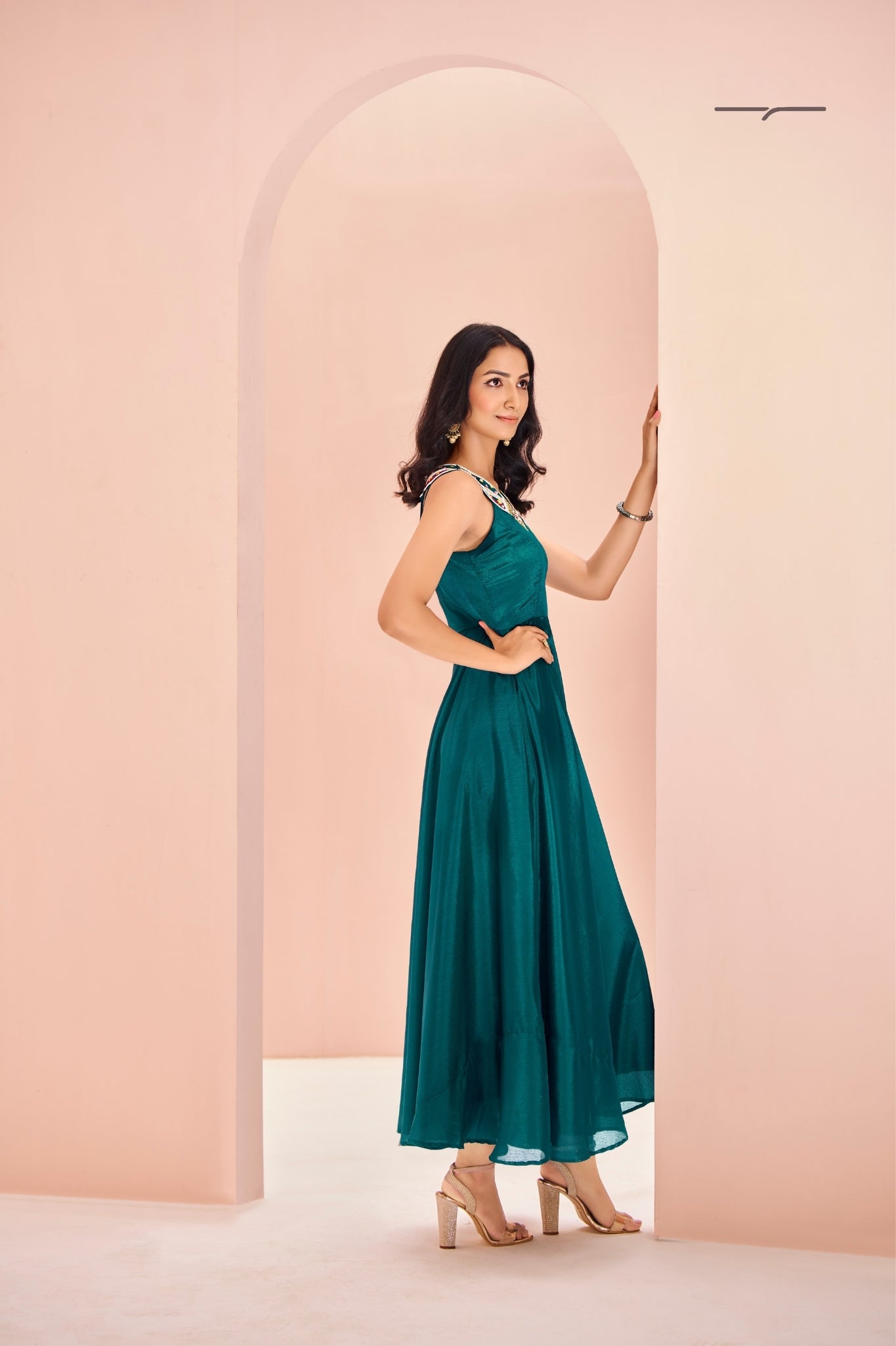 Teal Symphony Hand-Embroidered Chinon Dress
