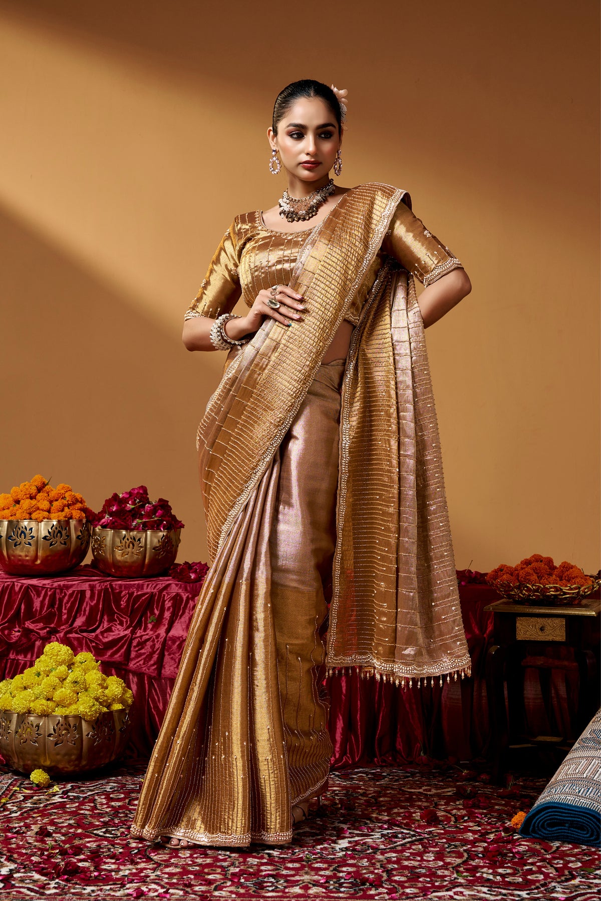 Kanjivaram Zari Tissue Designer Hand Embroider And Tube Beads Wedding Saree