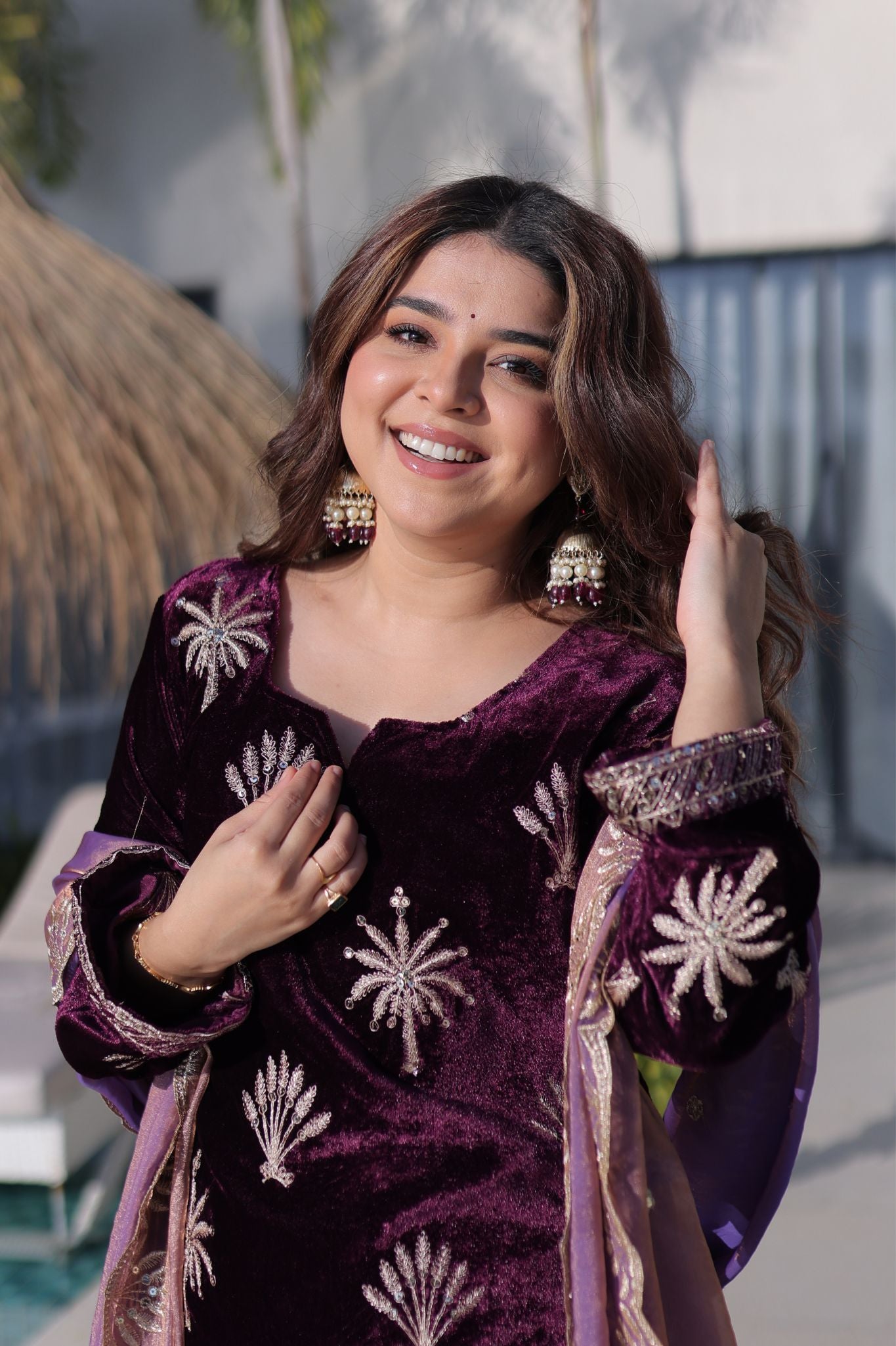 Royal Plum Ice Velvet Zari Embroidered Kurta Palazzo Set With Designer Dupatta