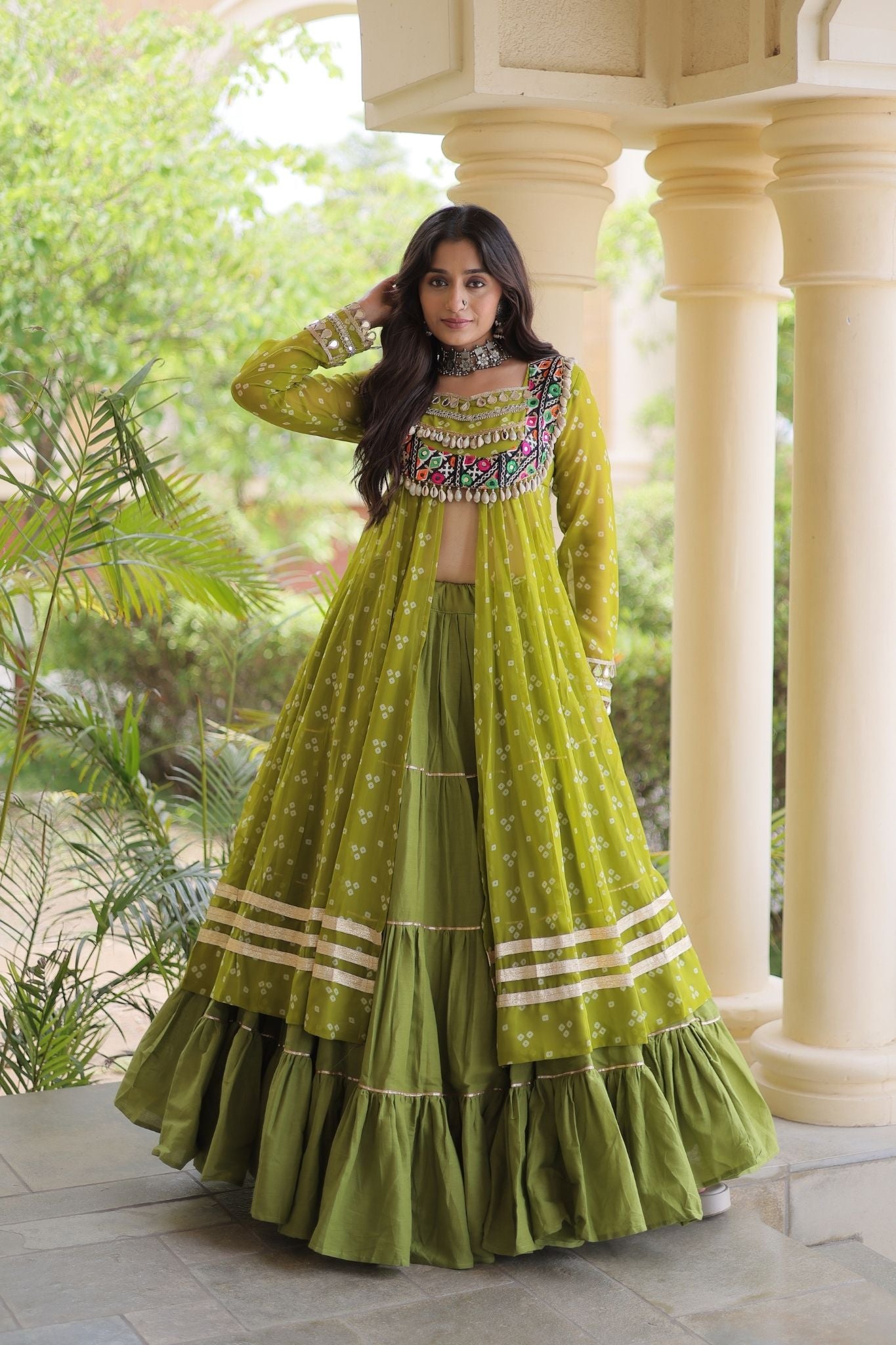 Raasrang Special Navratri Designer Kora Cotton Bandhani Print with Kutchi Patchwork Lehenga Choli