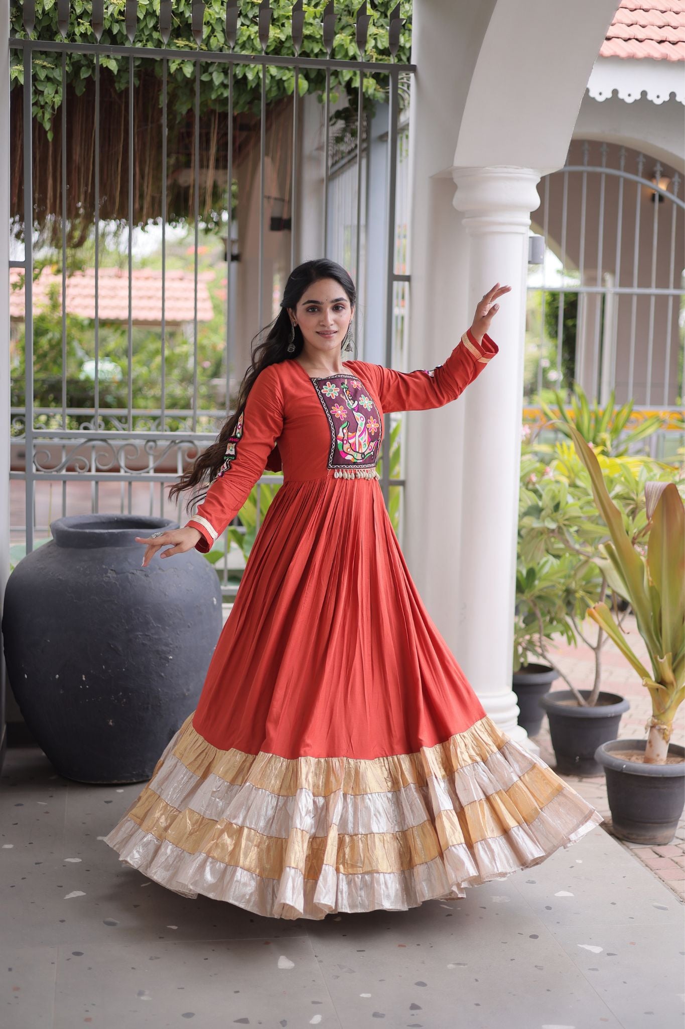 Raasrang Navratri Special Designer Rayon Gown With Kutchi Gamthi Thread Work