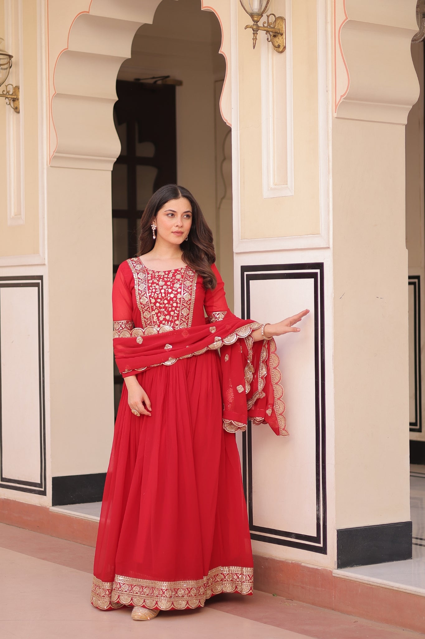 Embroidery Zari Sequins Work Designer Gown With Dupatta Set