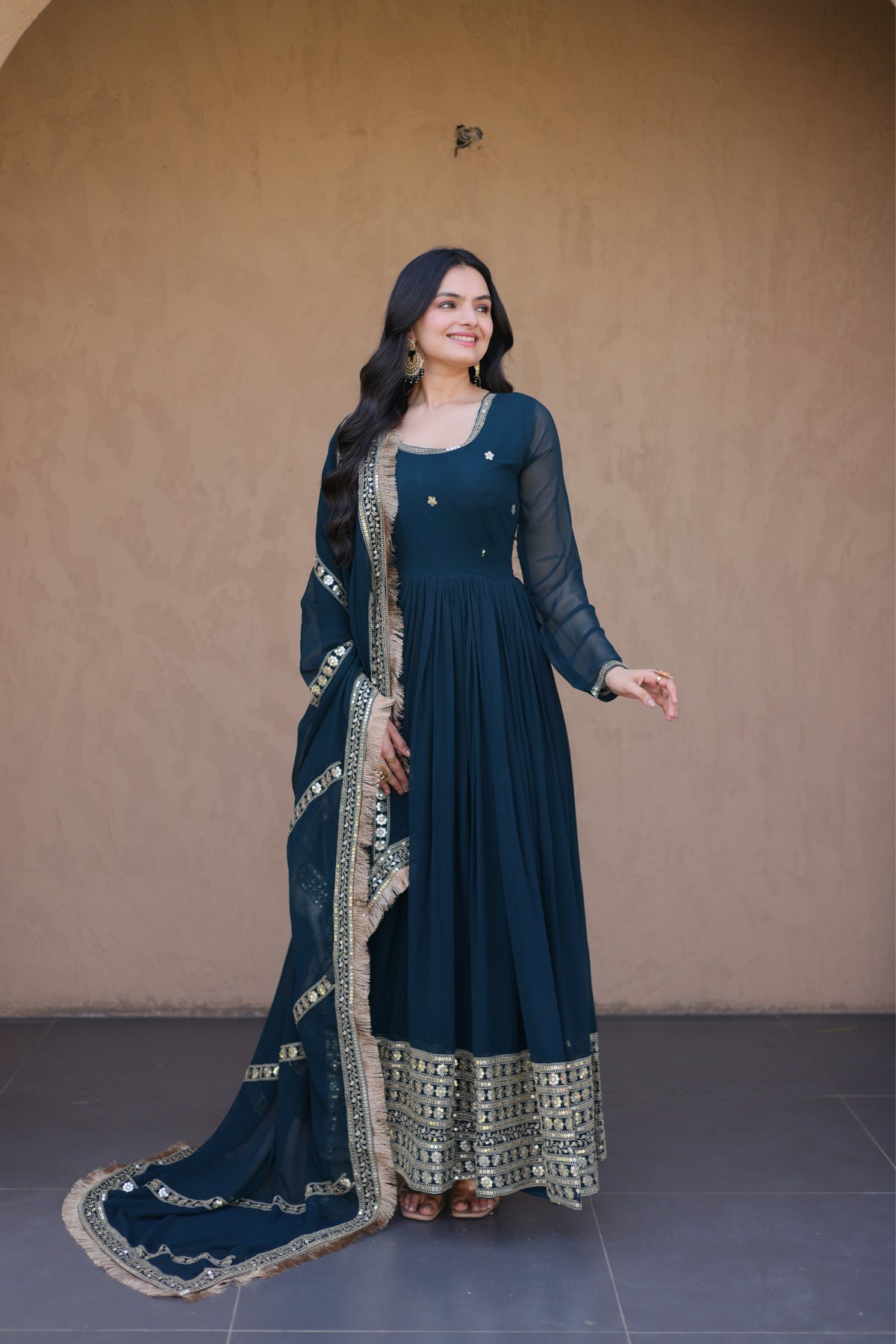 Designer Faux Blooming Anarkali Gown With Dupatta Set