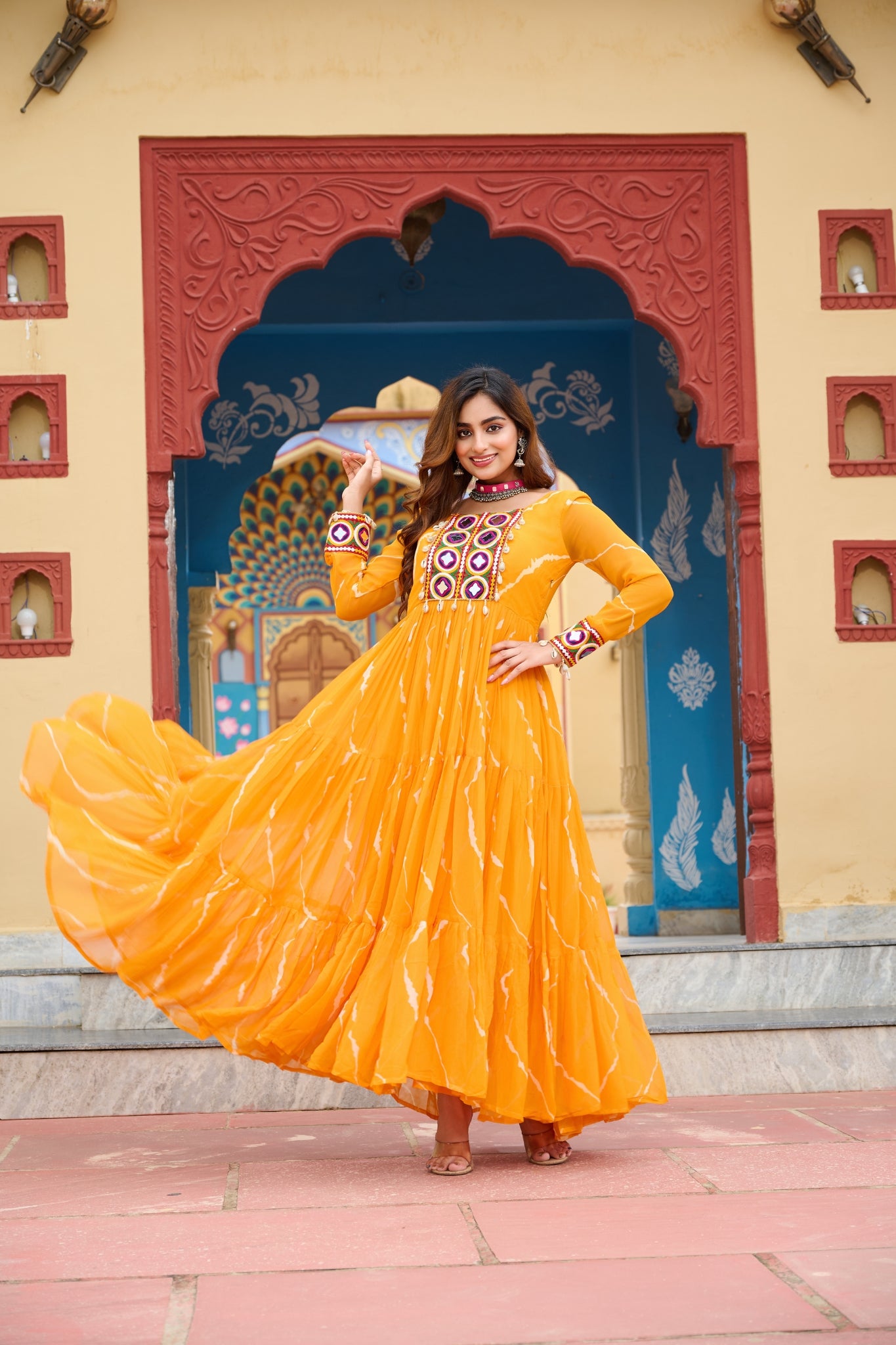 Stunning Laheriya Print With Kutchi Patch Work Georgette Stylish Navratri Gown
