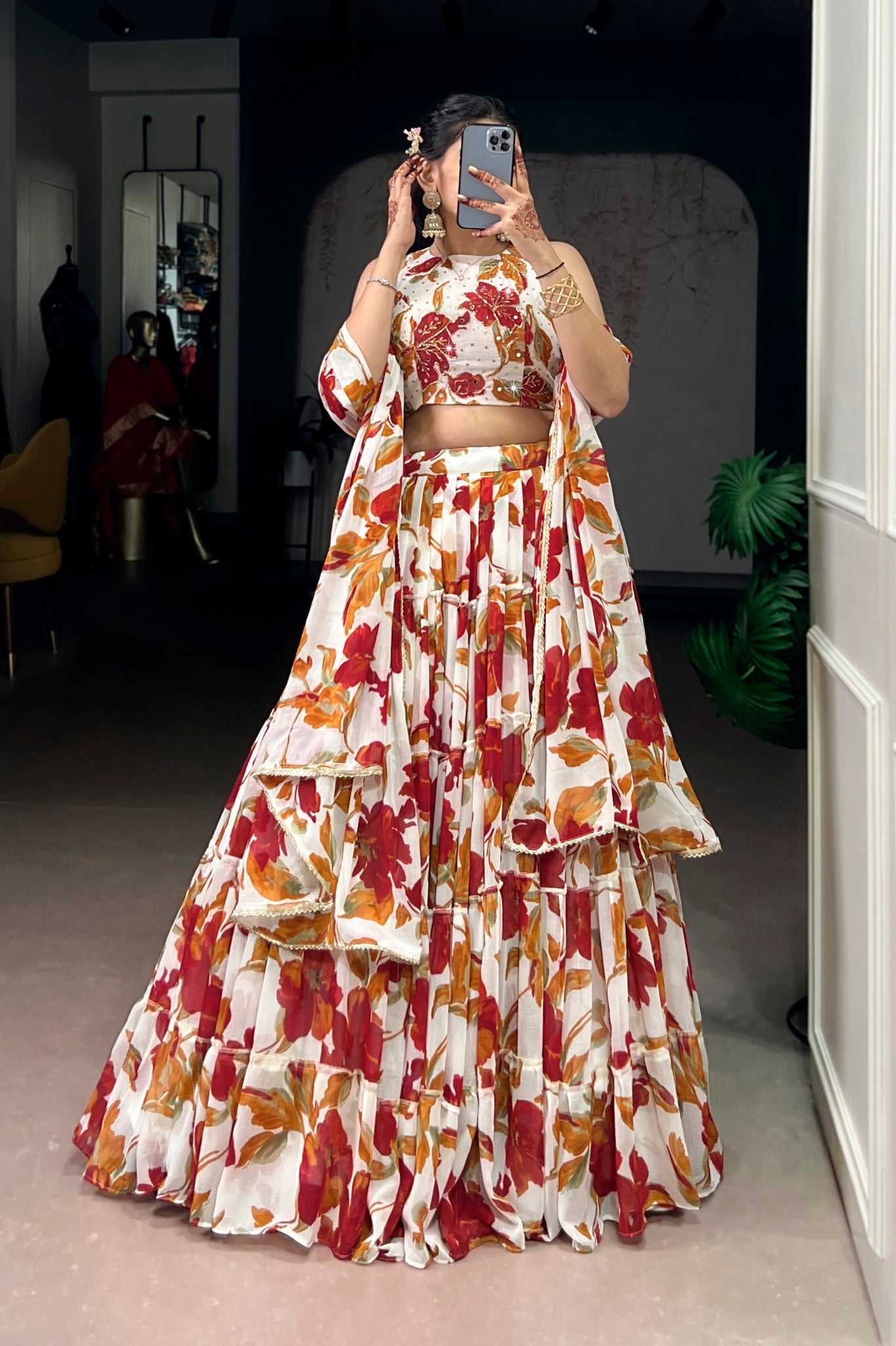 Floral Marble Print Lehenga Choli Set For Women